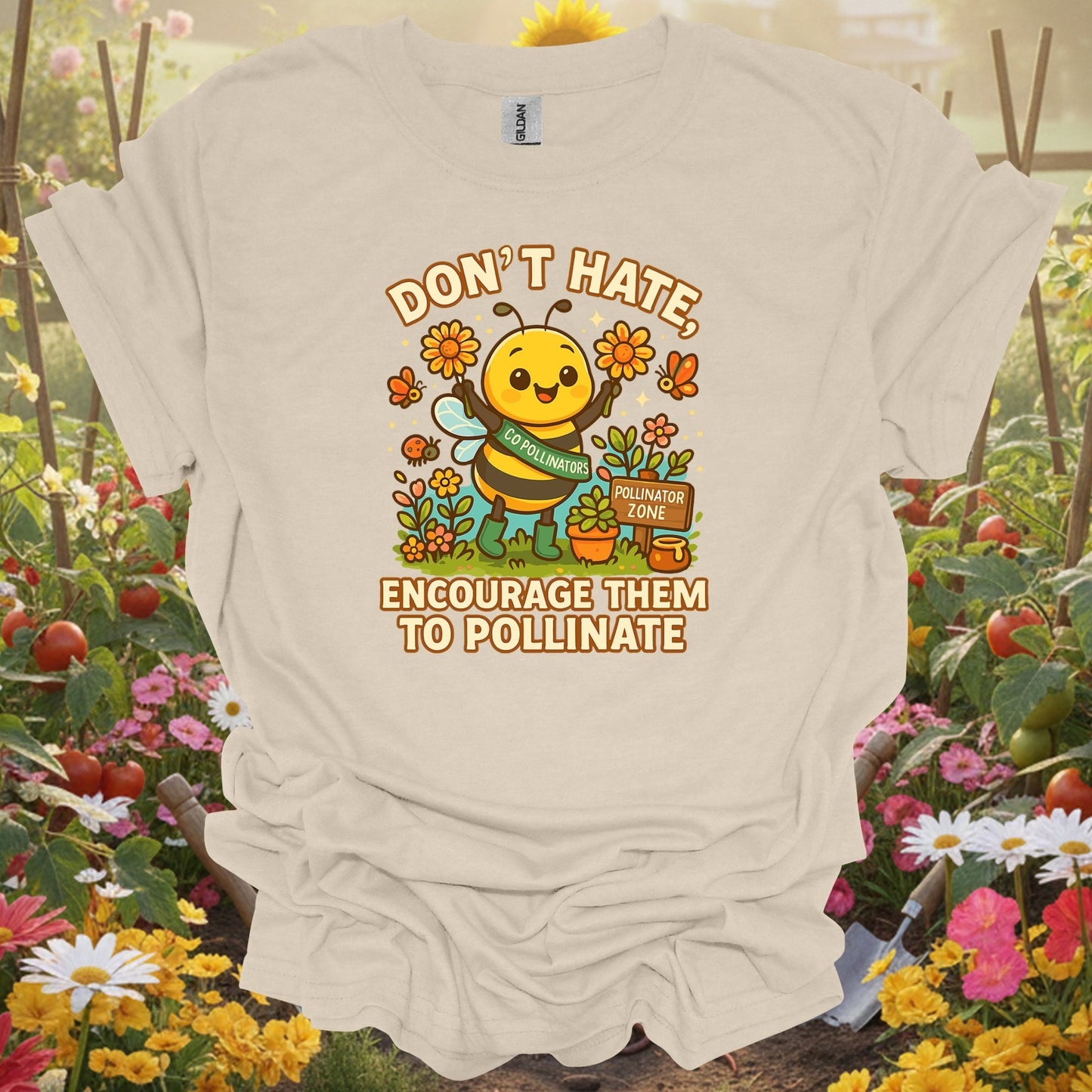 Natural tshirt showing dont hate pollinate cute bee for people who love plants