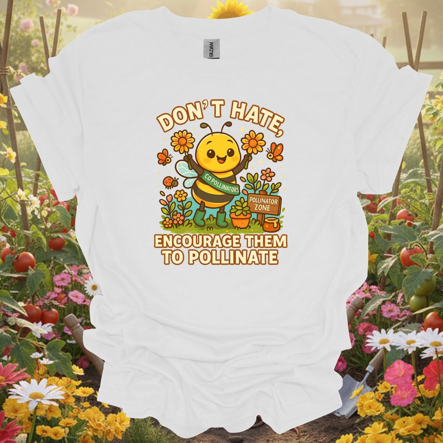 White tee showing dont hate pollinate cute bee for garden hobbyists