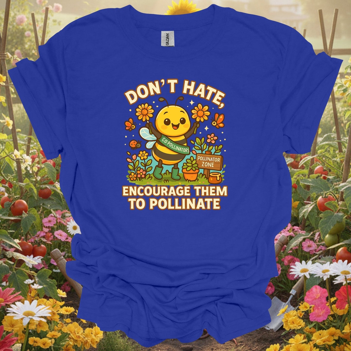 Royal tshirt showing dont hate pollinate cute bee for backyard growers