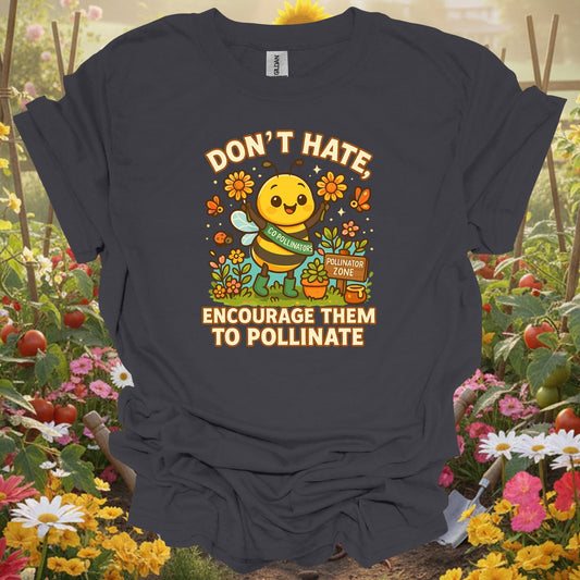 Charcoal tee showing dont hate pollinate cute bee for plant lovers