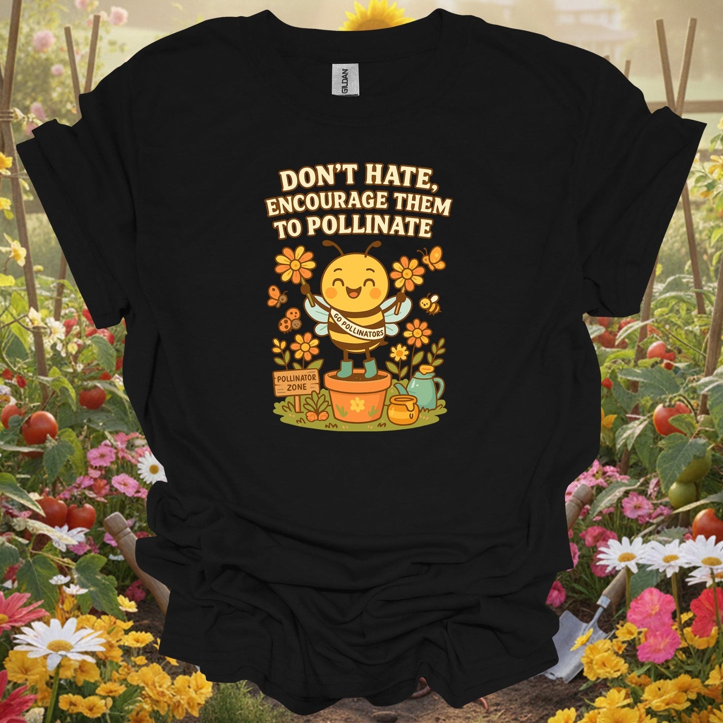 Black shirt showing dont hate pollinate pro pollinator activist for outdoor enthusiasts