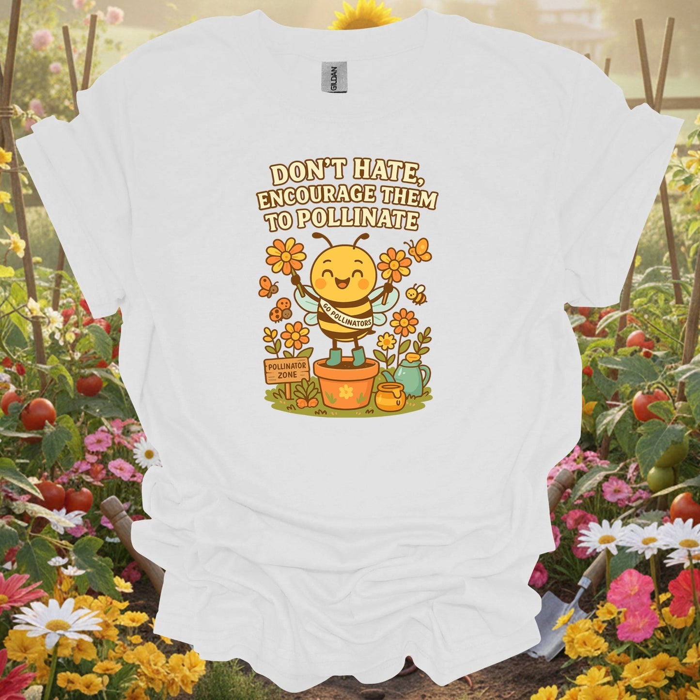 White tee showing dont hate pollinate pro pollinator activist for garden hobbyists