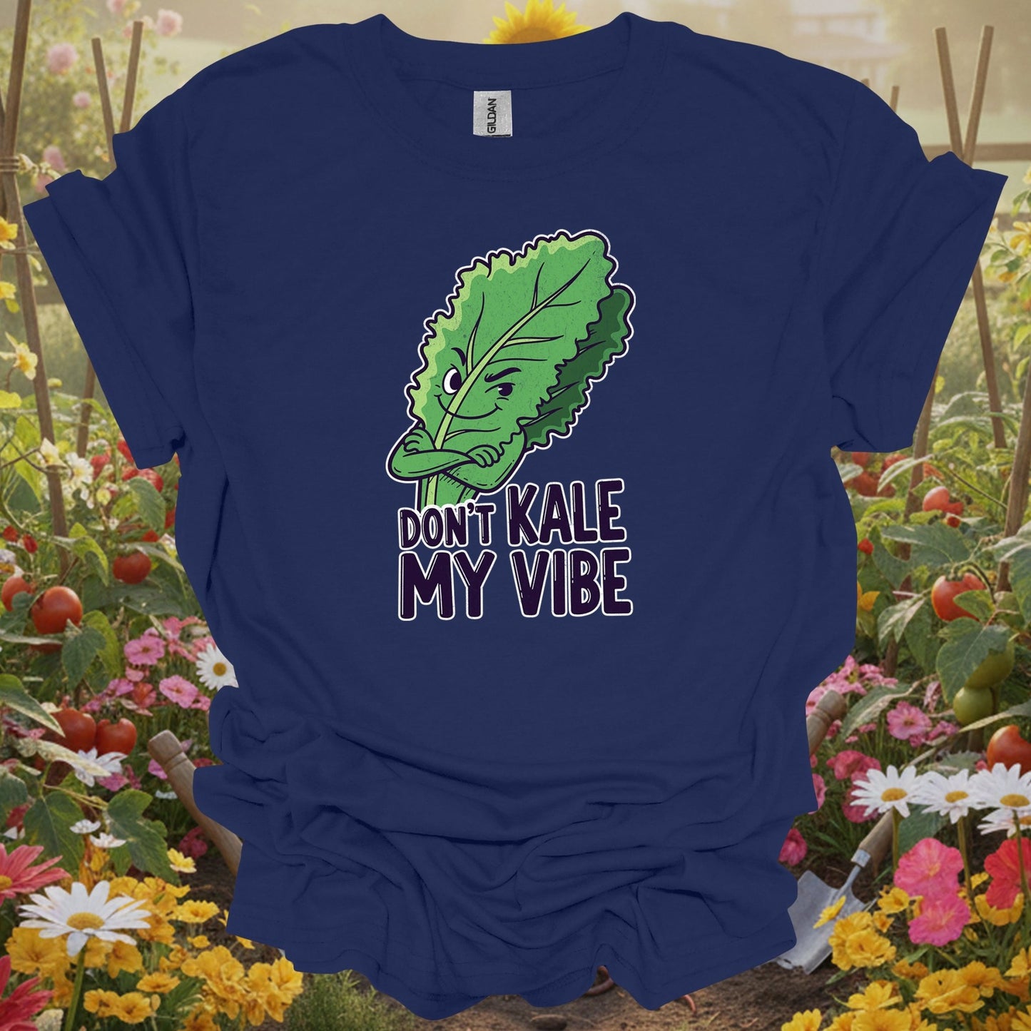 Navy top showing dont kale my vibe funny vegetable for green thumb folks