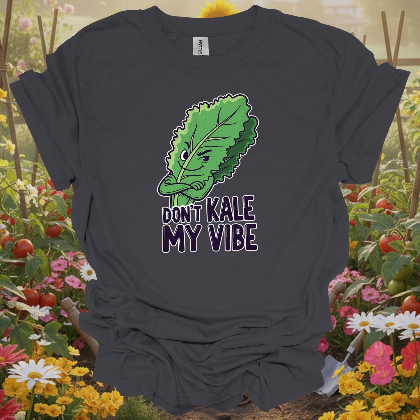 Charcoal tee showing dont kale my vibe funny vegetable for plant lovers