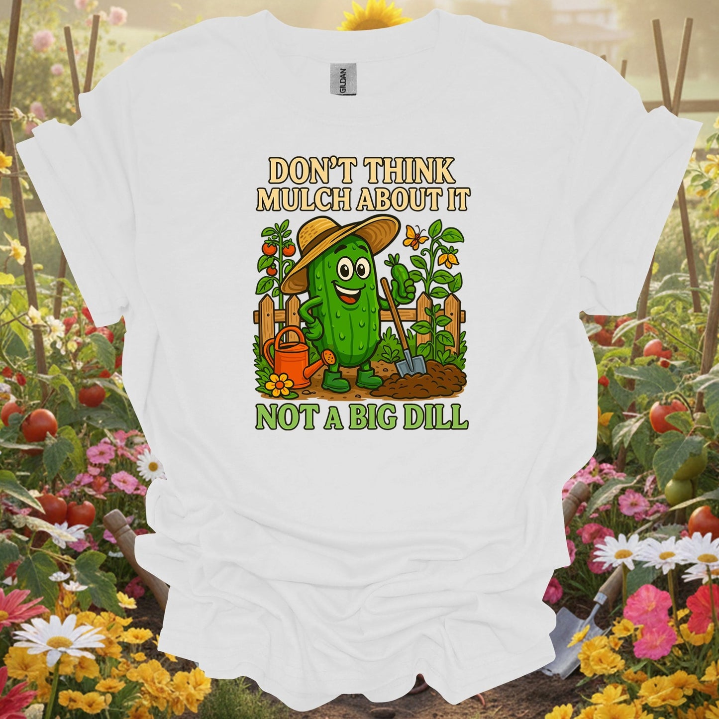 White shirt showing dont think mulch about it funny pickle for outdoor enthusiasts