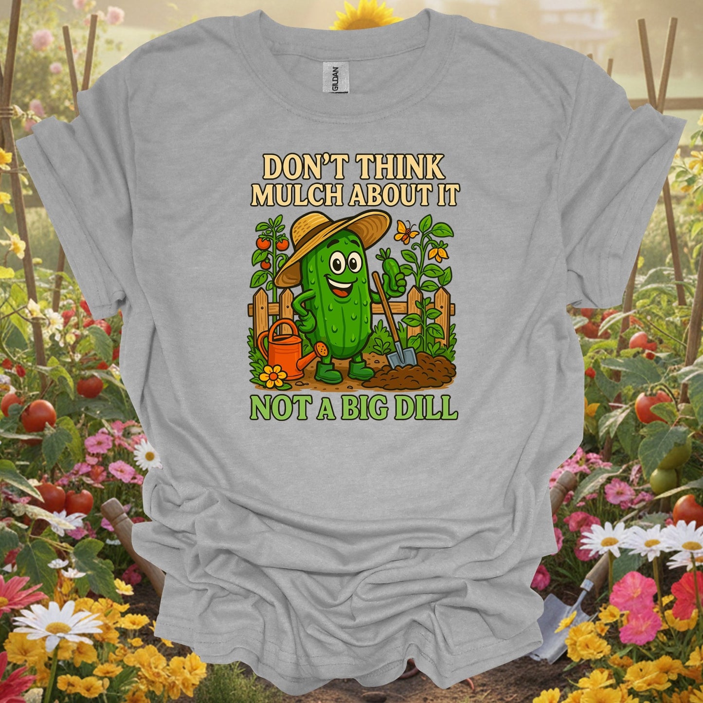 Sport Grey tee showing dont think mulch about it funny pickle for garden hobbyists