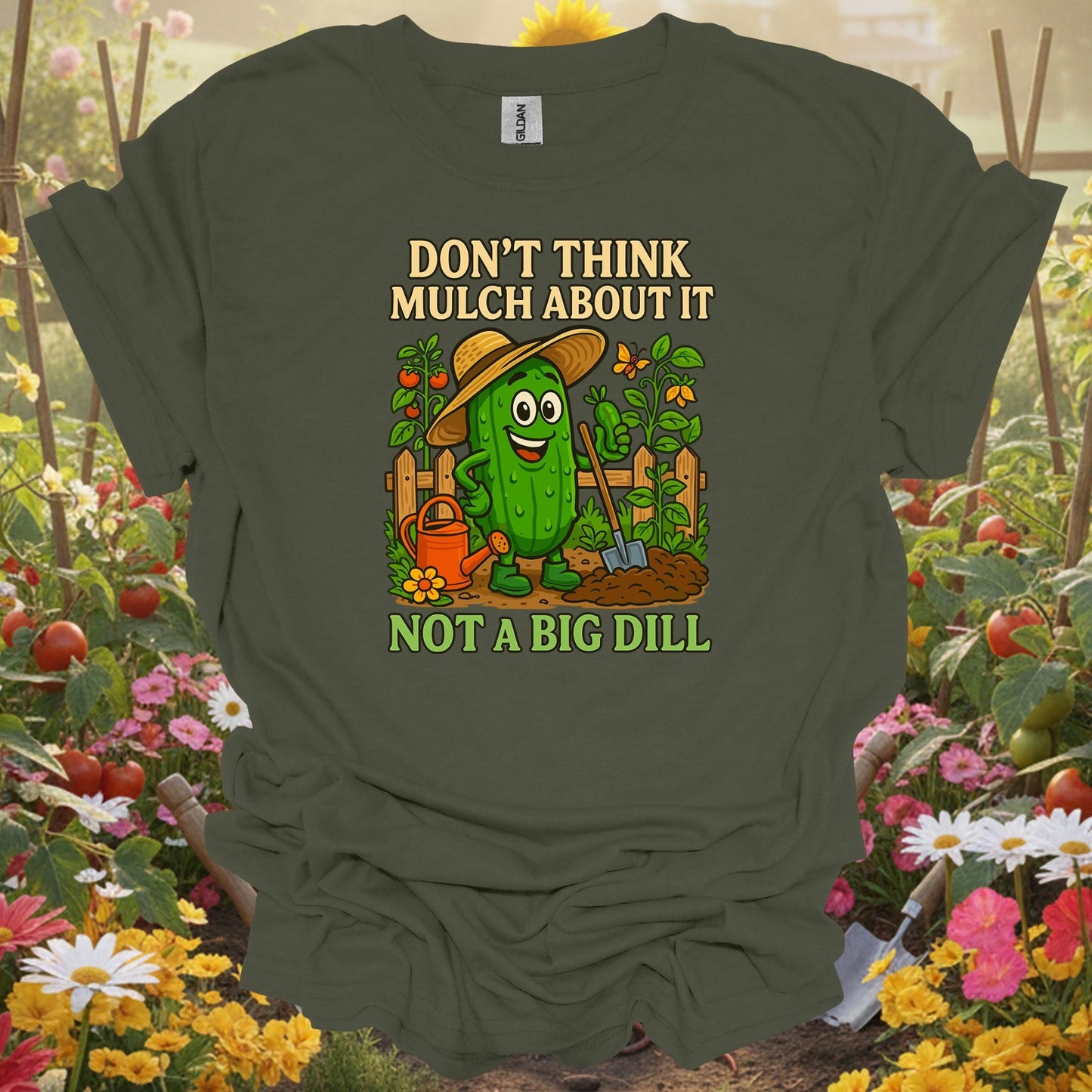 Military Green tshirt showing dont think mulch about it funny pickle for gardening enthusiasts