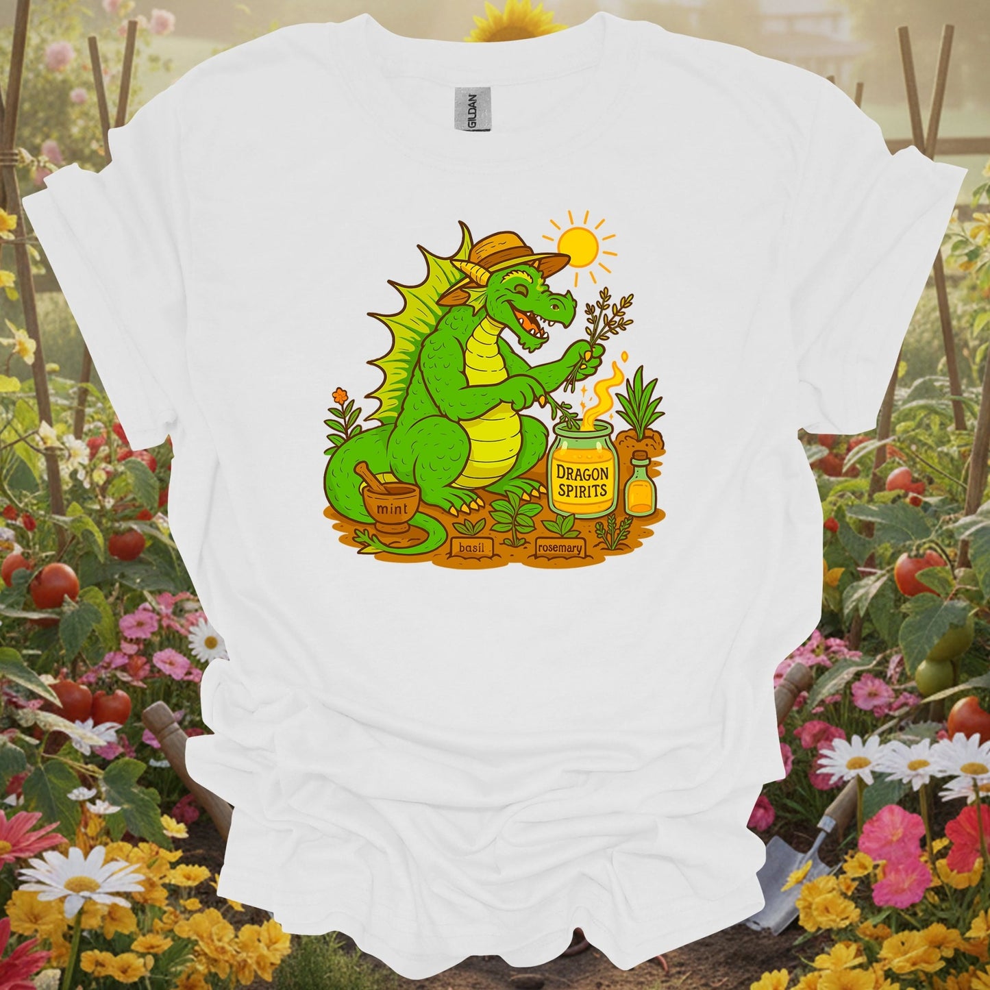White tee showing dragon spirits funny herb gardener dragon for garden hobbyists