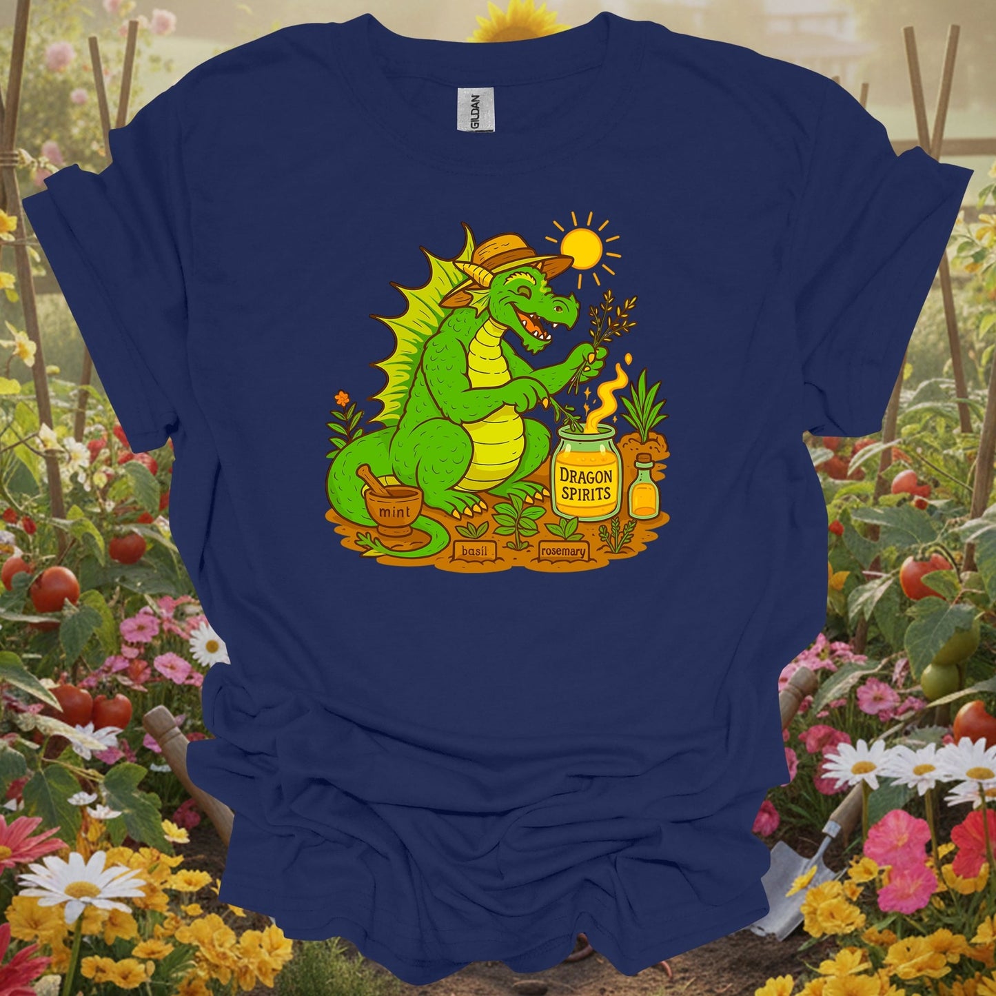 Navy tshirt showing dragon spirits funny herb gardener dragon for gardening enthusiasts