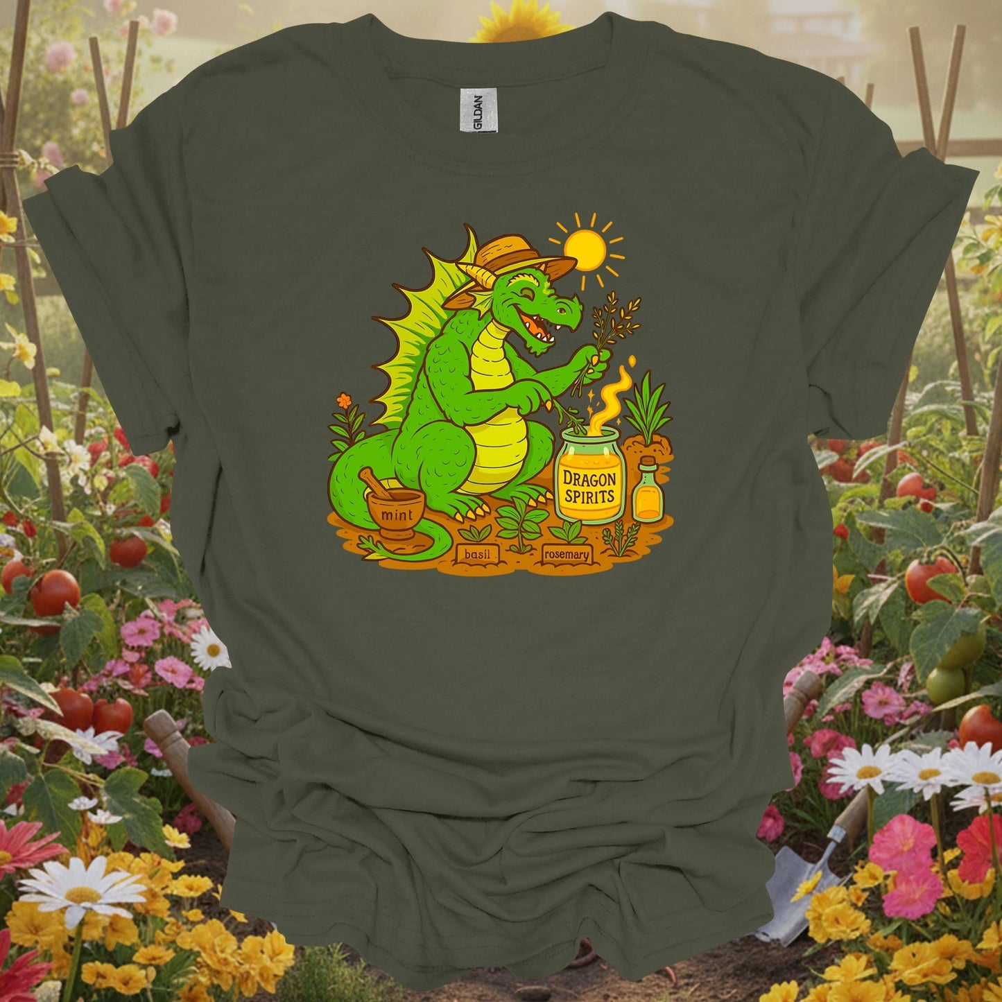 Military Green top showing dragon spirits funny herb gardener dragon for nature lovers