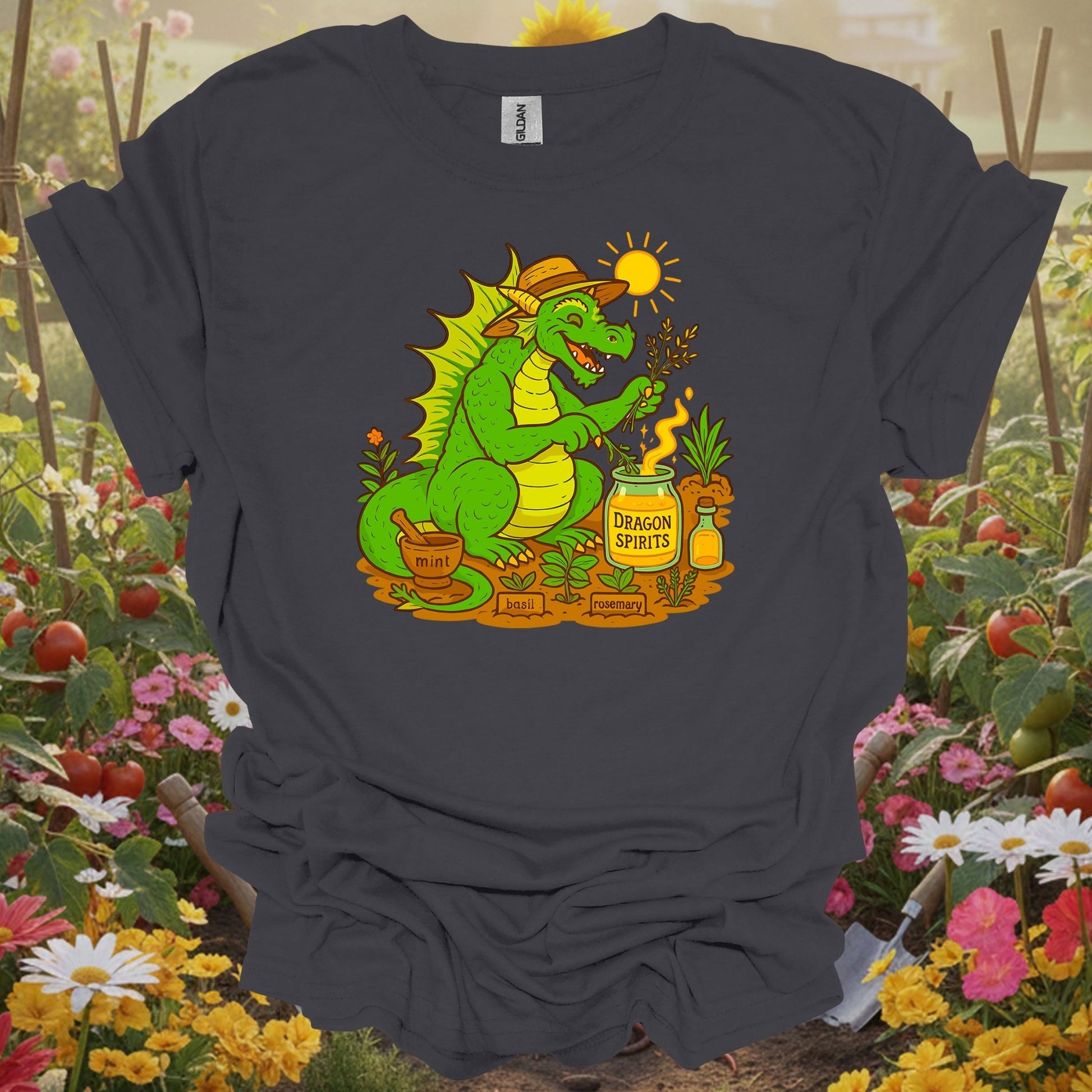 Charcoal tee showing dragon spirits funny herb gardener dragon for plant lovers