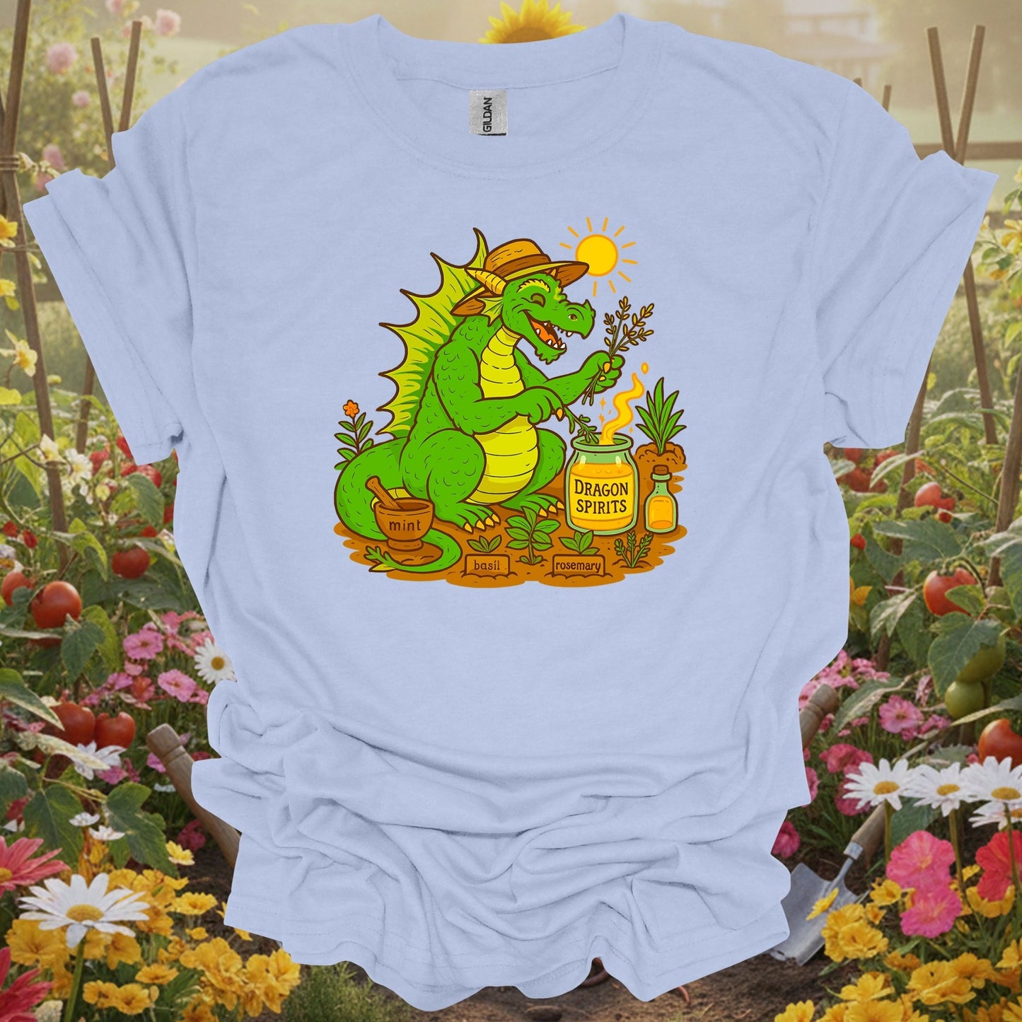 Light Blue shirt showing dragon spirits funny herb gardener dragon for home gardeners