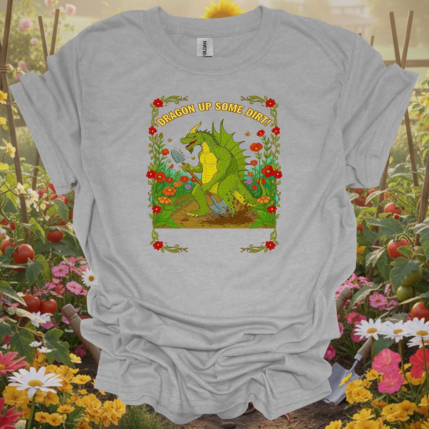 Sport Grey tshirt showing dragon up some dirt funny dragon gardener for backyard growers