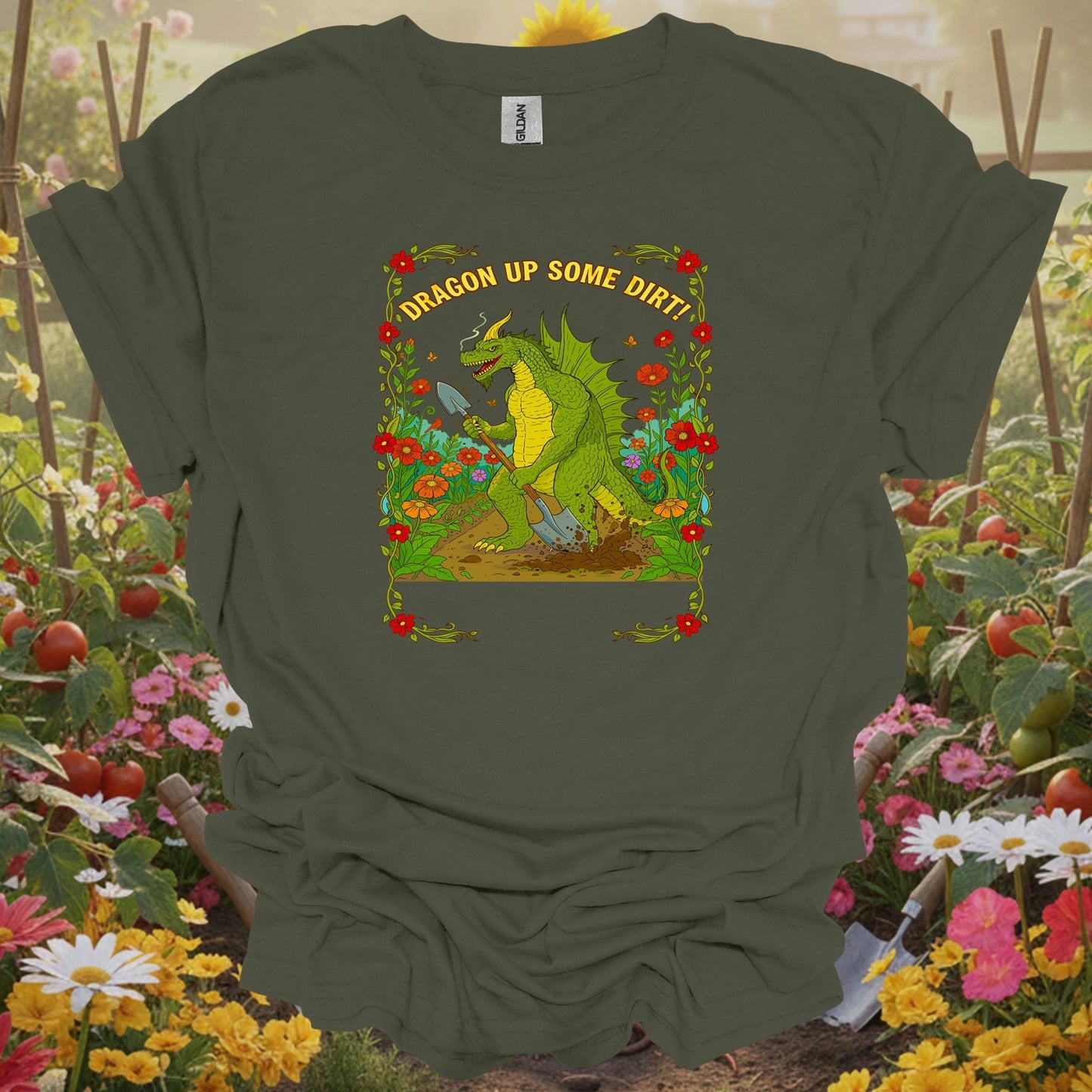 Military Green top showing dragon up some dirt funny dragon gardener for nature lovers