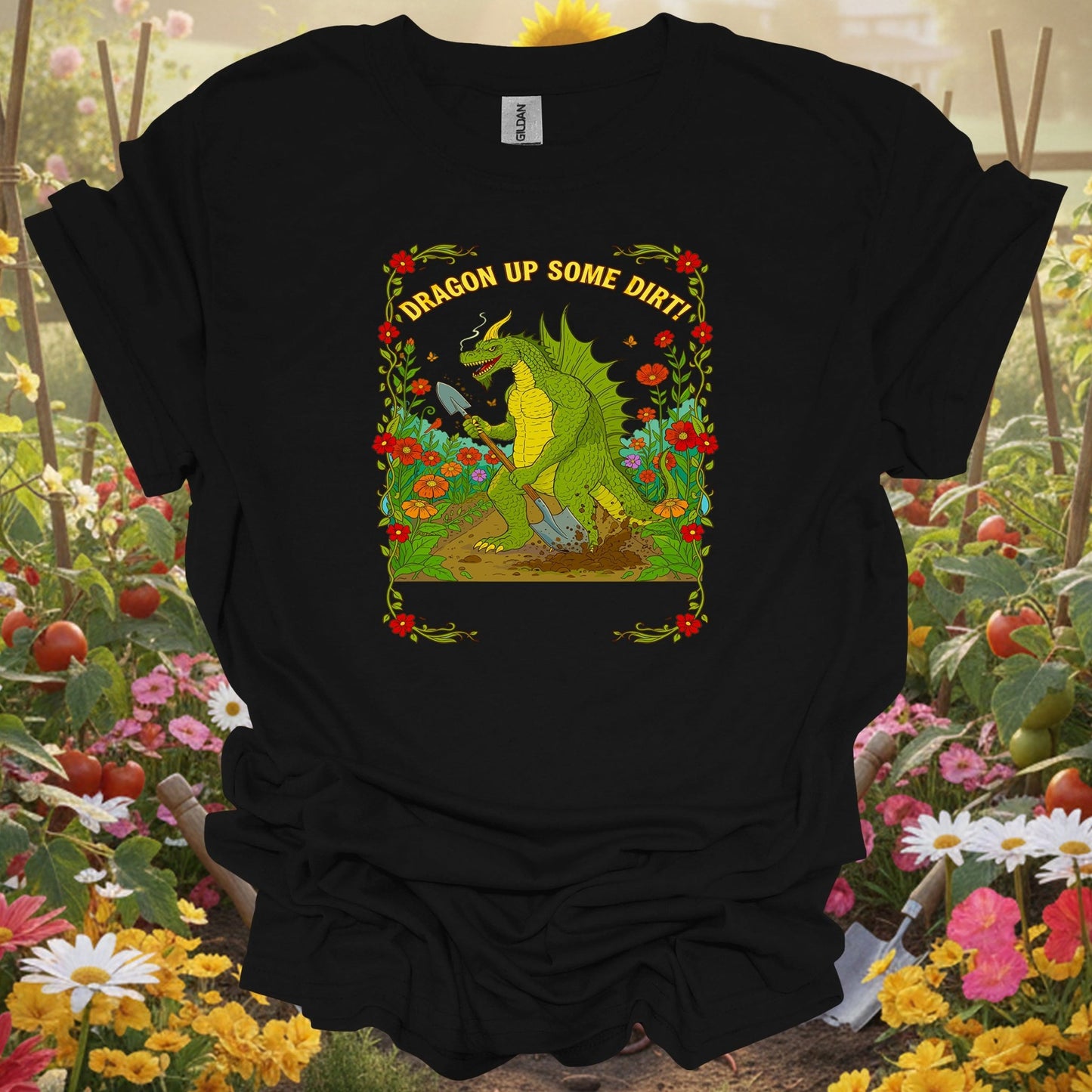 Black shirt showing dragon up some dirt funny dragon gardener for outdoor enthusiasts