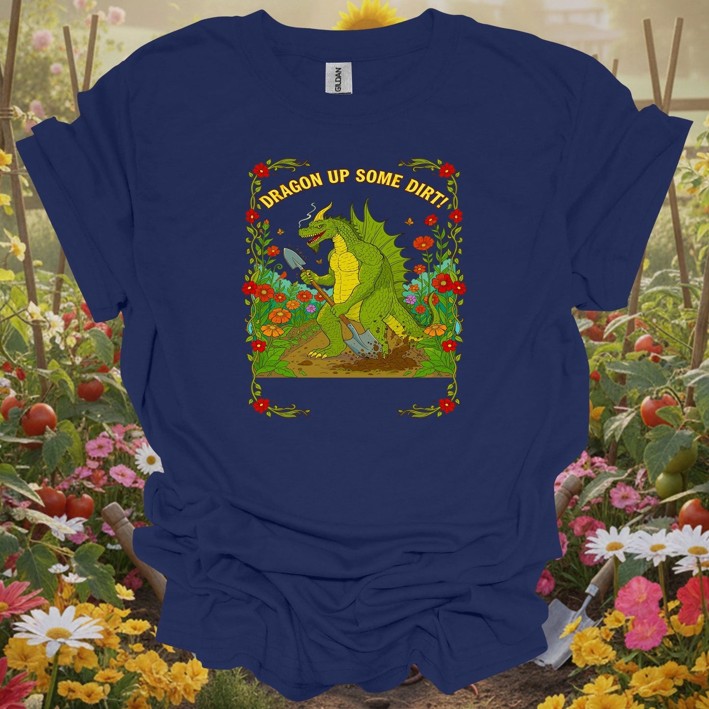 Navy shirt showing dragon up some dirt funny dragon gardener for home gardeners