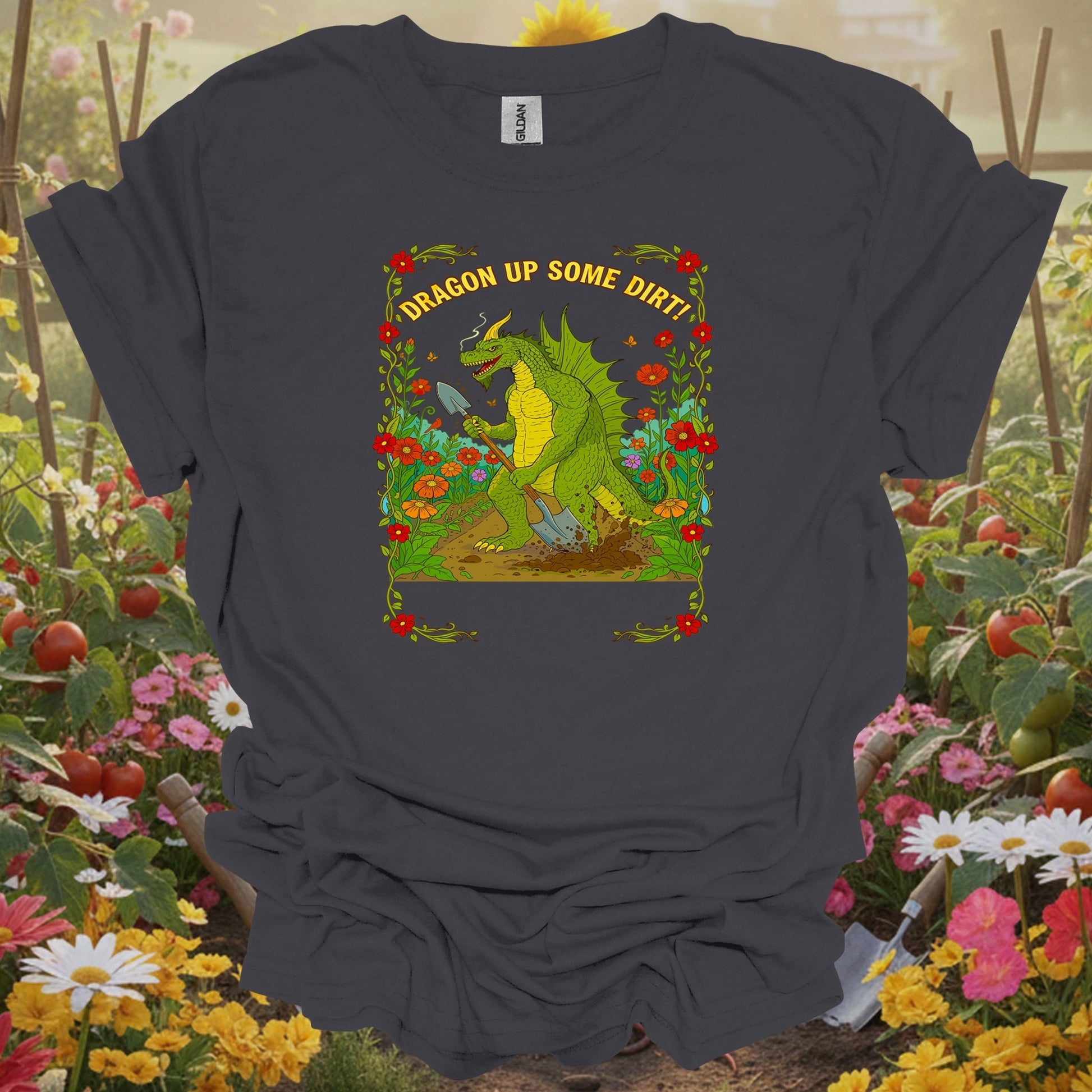 Charcoal tshirt showing dragon up some dirt funny dragon gardener for gardening enthusiasts