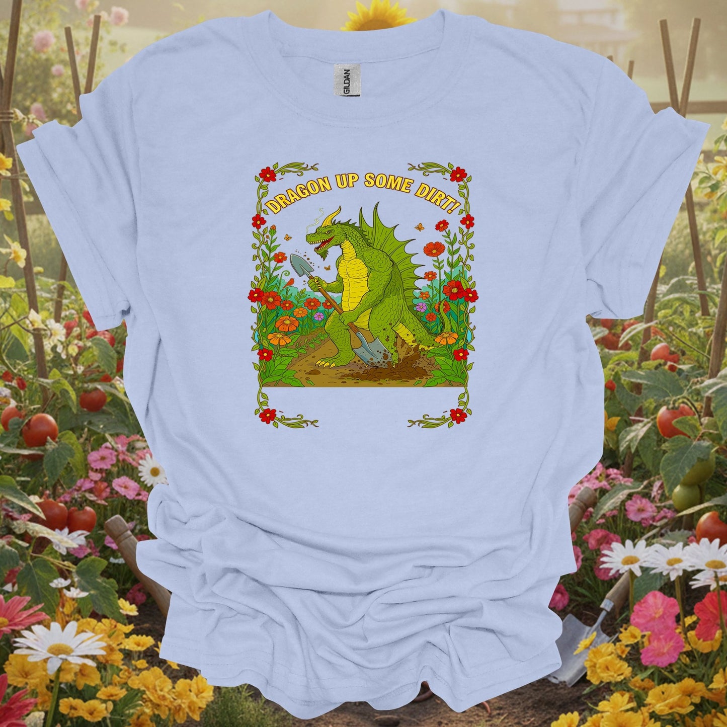 Light Blue tee showing dragon up some dirt funny dragon gardener for plant lovers