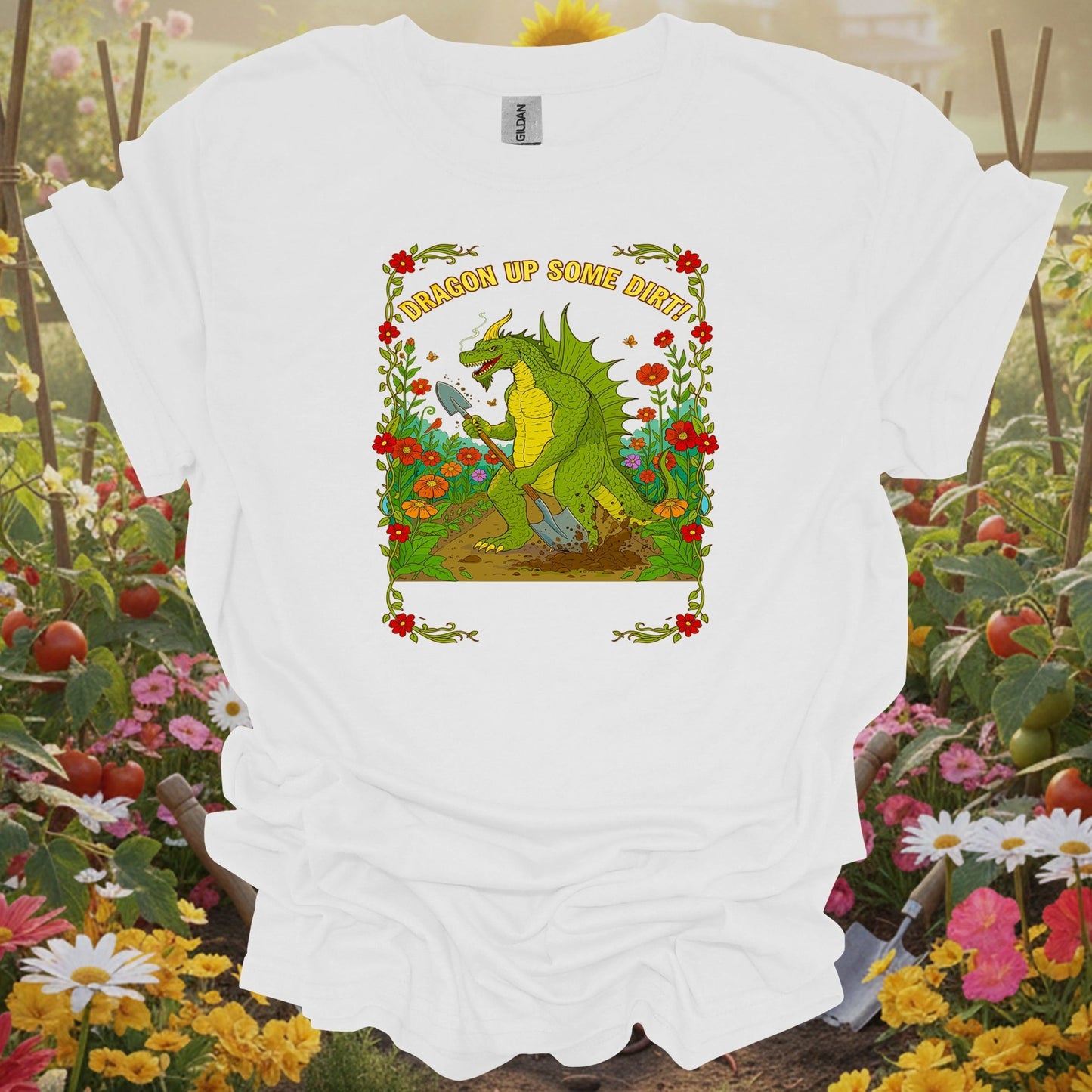 White tee showing dragon up some dirt funny dragon gardener for garden hobbyists