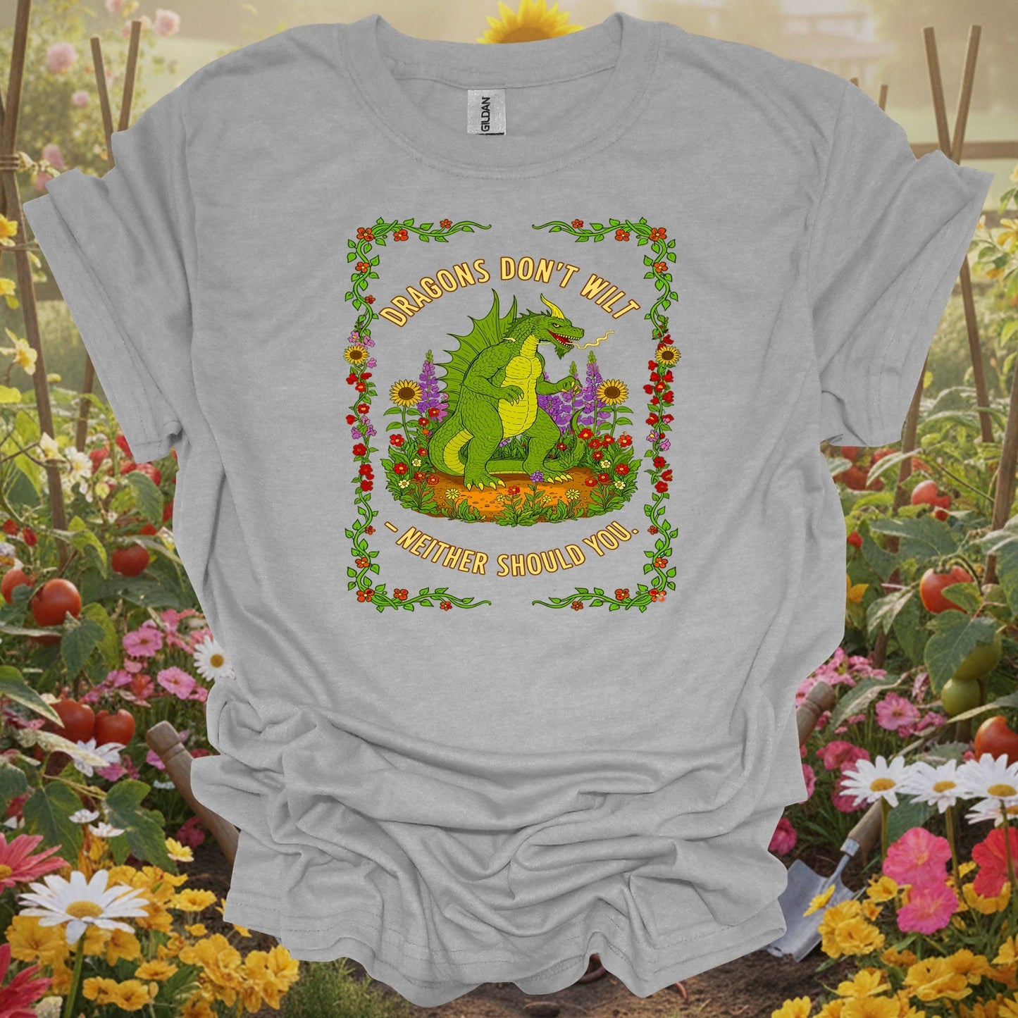 Sport gray tshirt showing dragons don't wilt motivational gardening for folks who love fantasy art