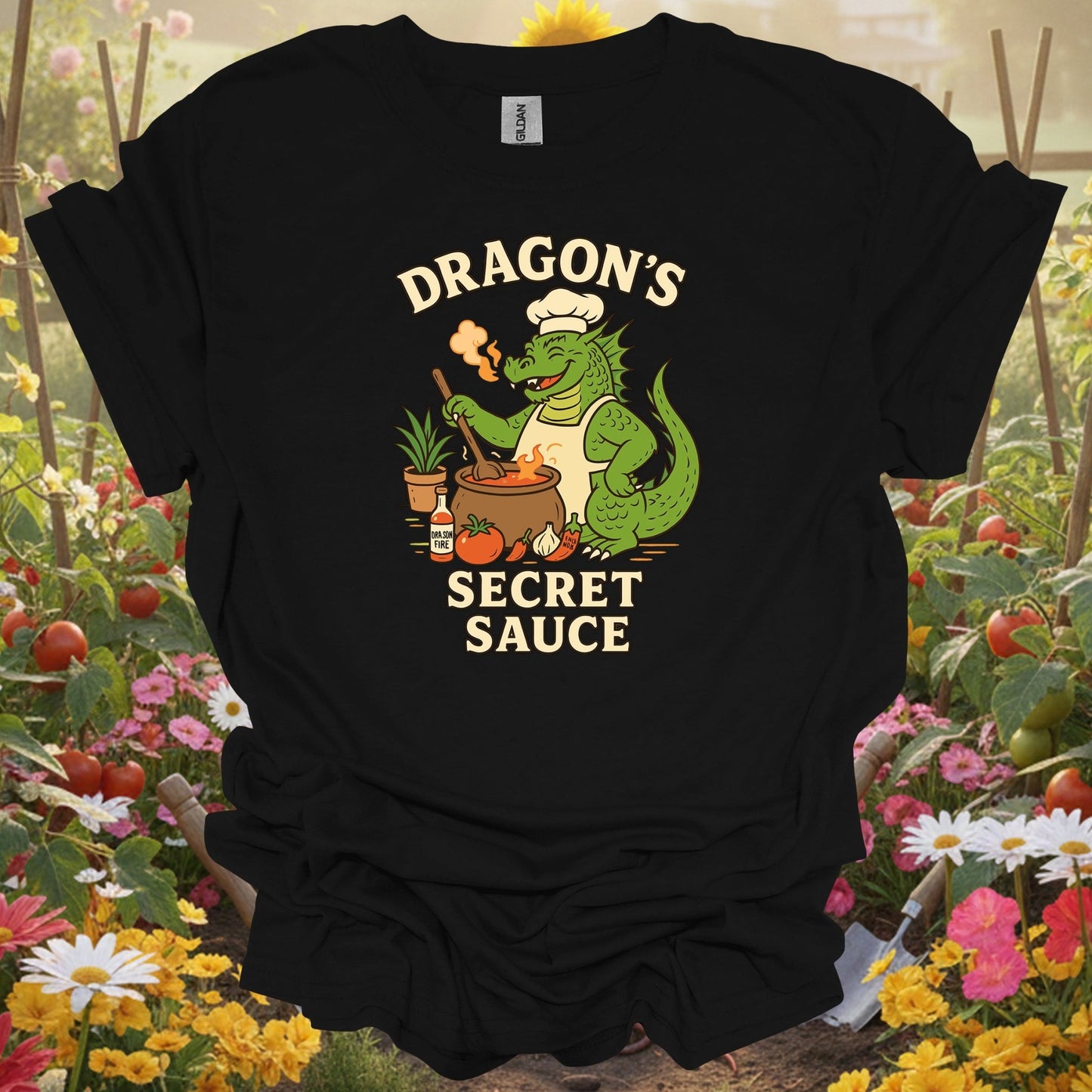 Black shirt showing dragons secret sauce funny chef gardener for outdoor enthusiasts