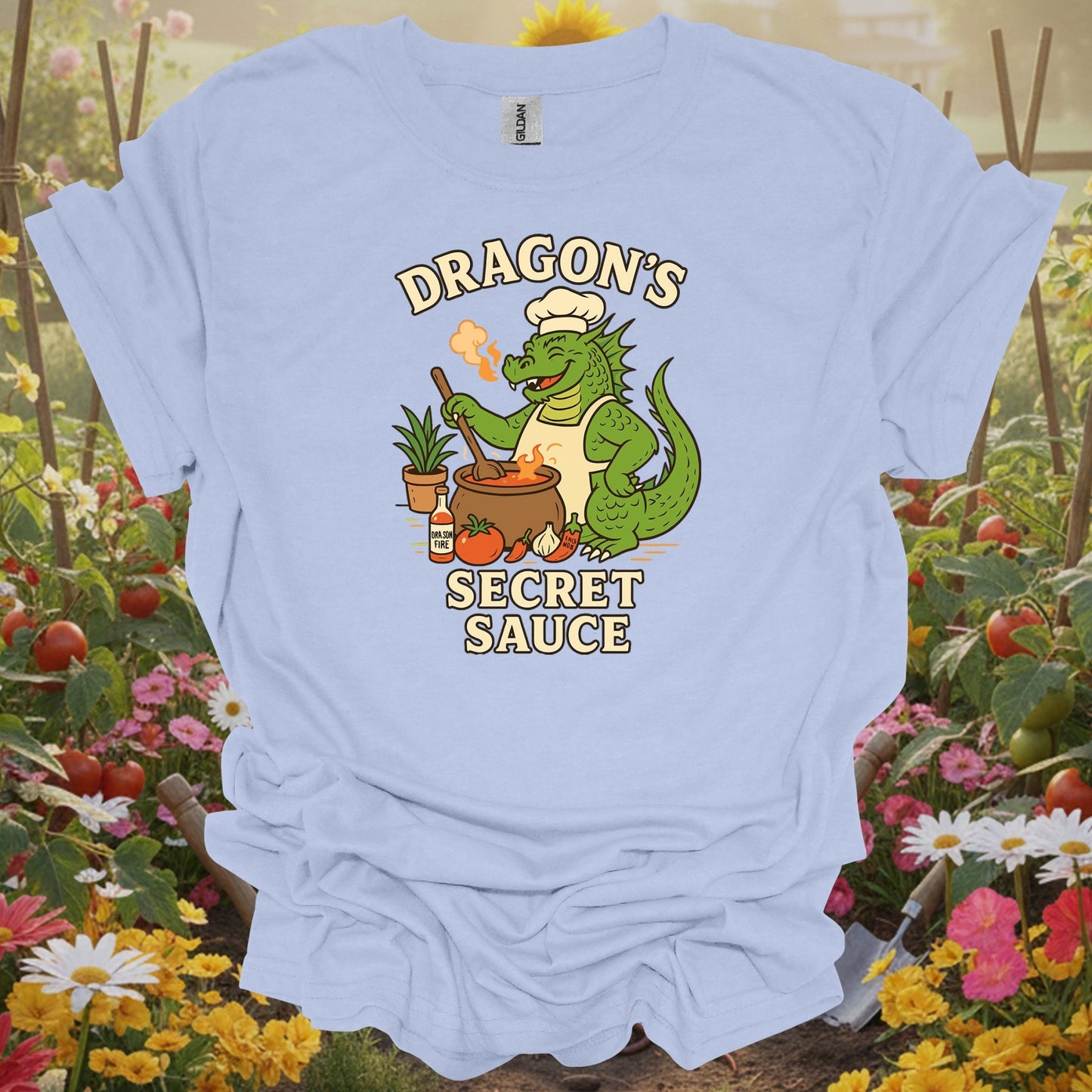 Light Blue shirt showing dragons secret sauce funny chef gardener for home gardeners