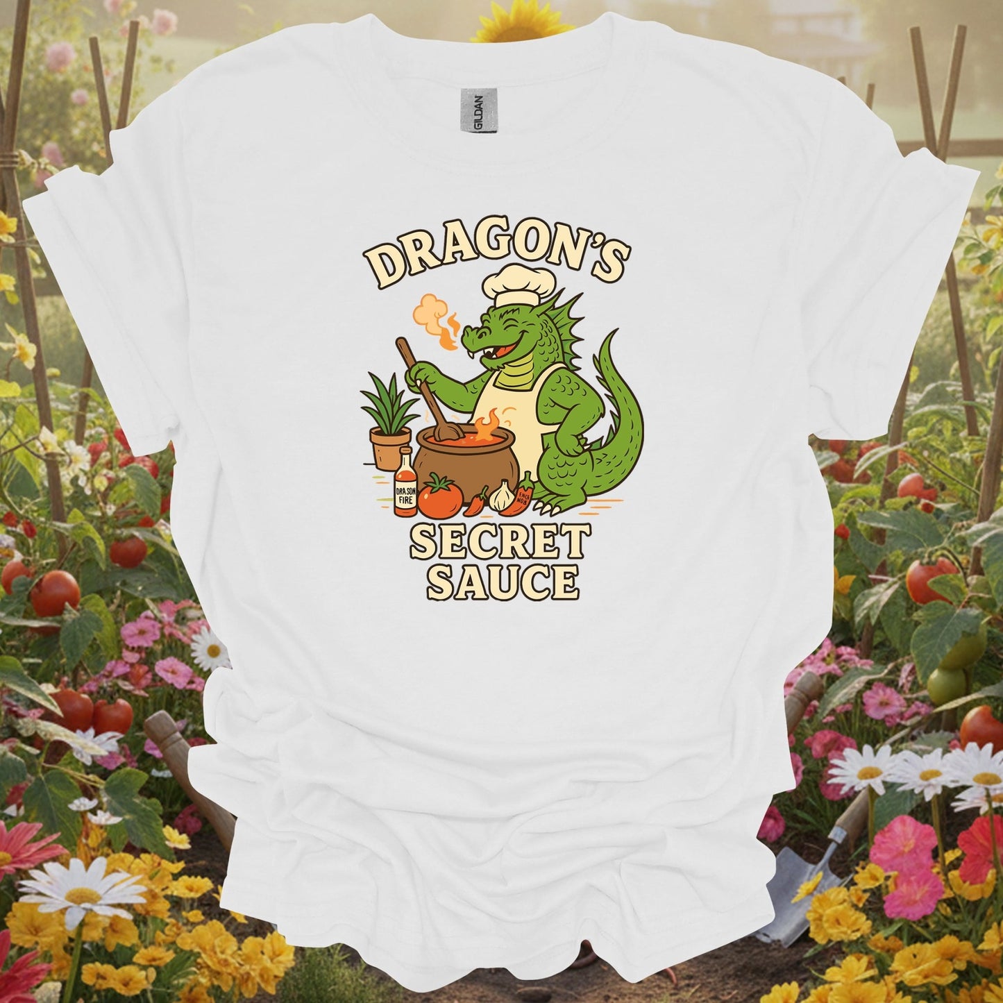 White tee showing dragons secret sauce funny chef gardener for garden hobbyists