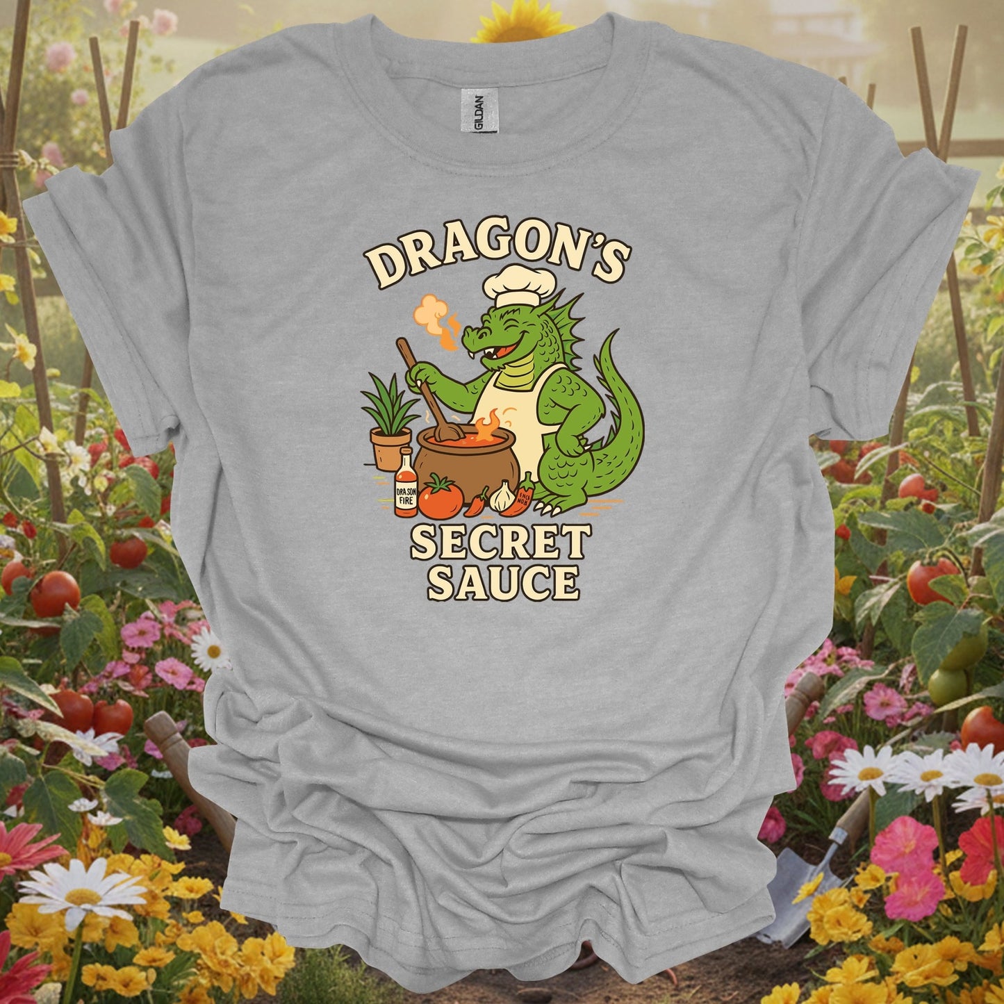 Sport Grey tshirt showing dragons secret sauce funny chef gardener for backyard growers
