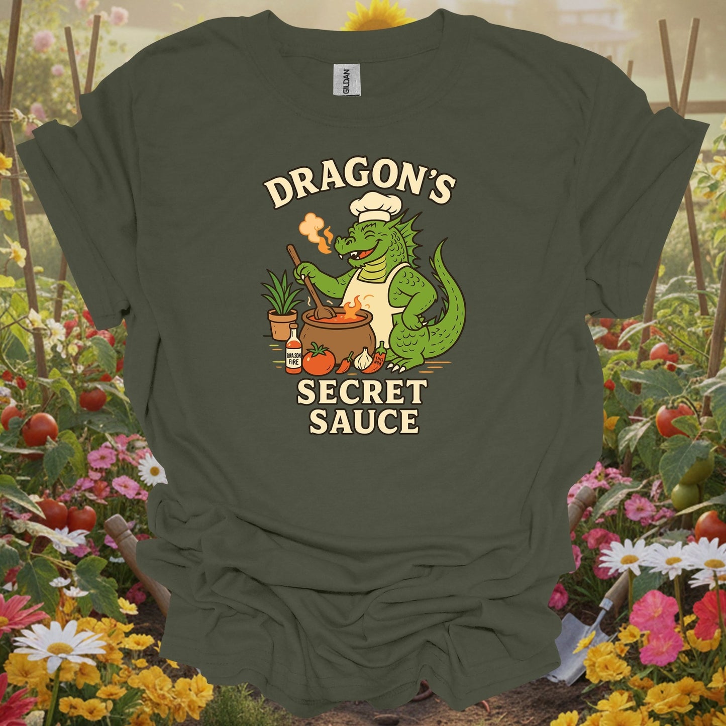 Military Green top showing dragons secret sauce funny chef gardener for nature lovers