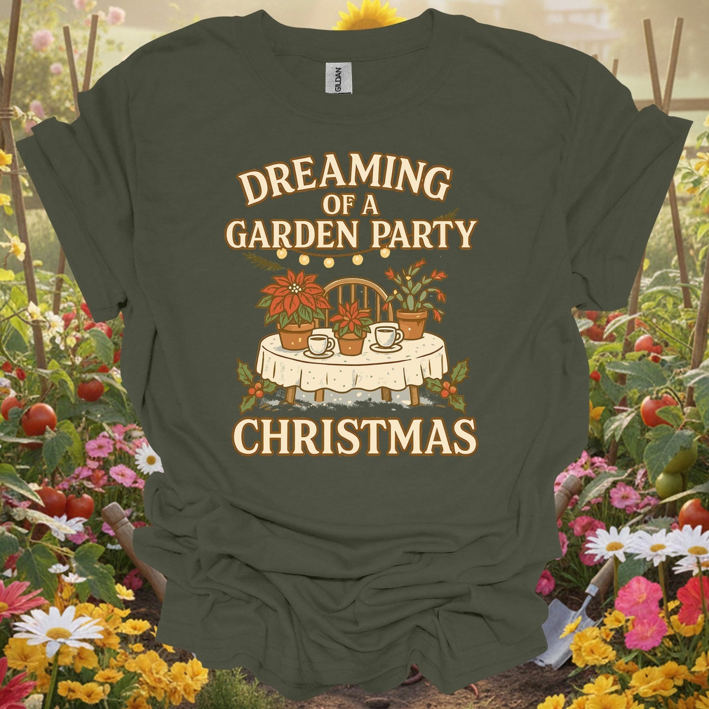 "Dreaming of a Garden Party Christmas" Festive Gardener Holiday T-Shirt - GardeningTshirts
