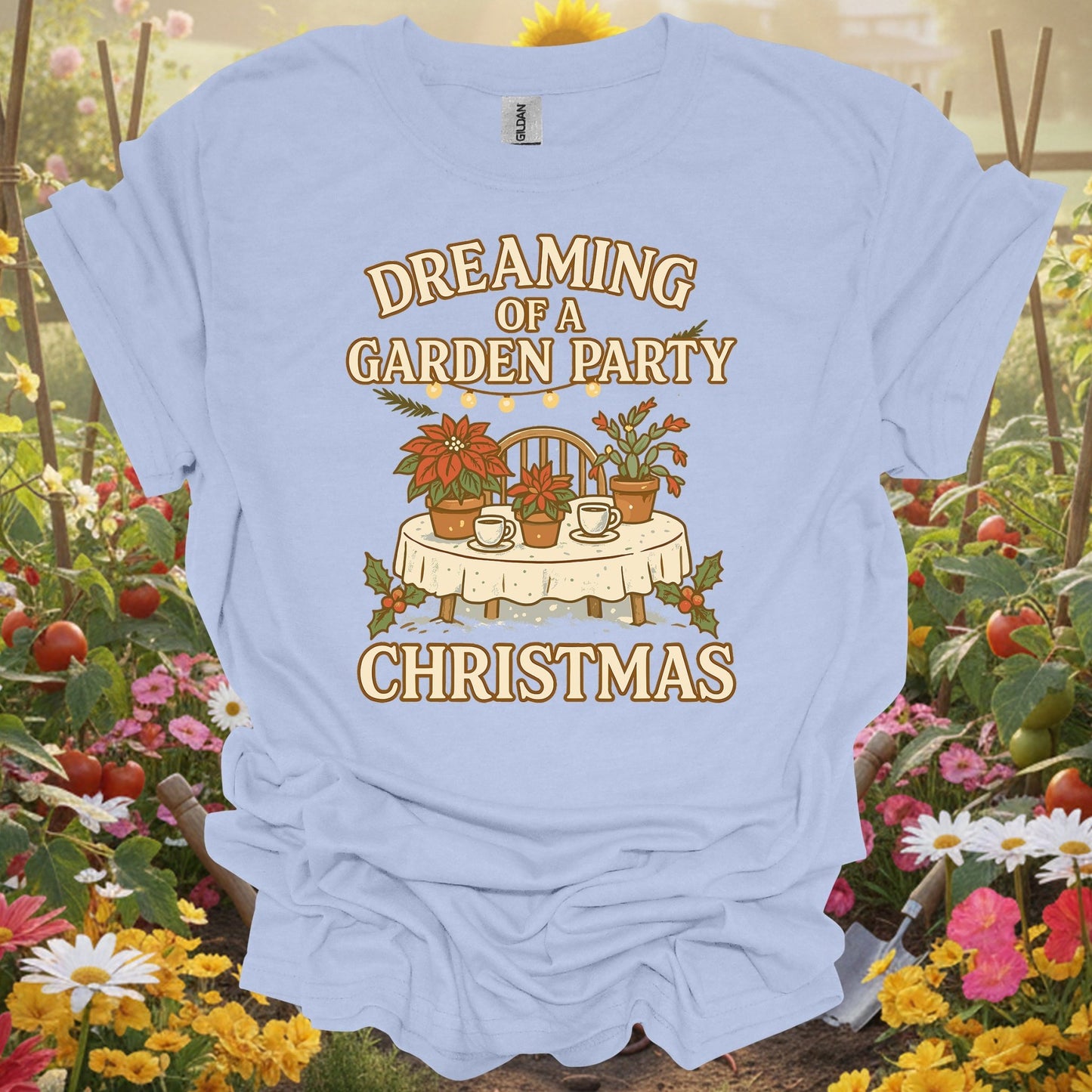 "Dreaming of a Garden Party Christmas" Festive Gardener Holiday T-Shirt - GardeningTshirts