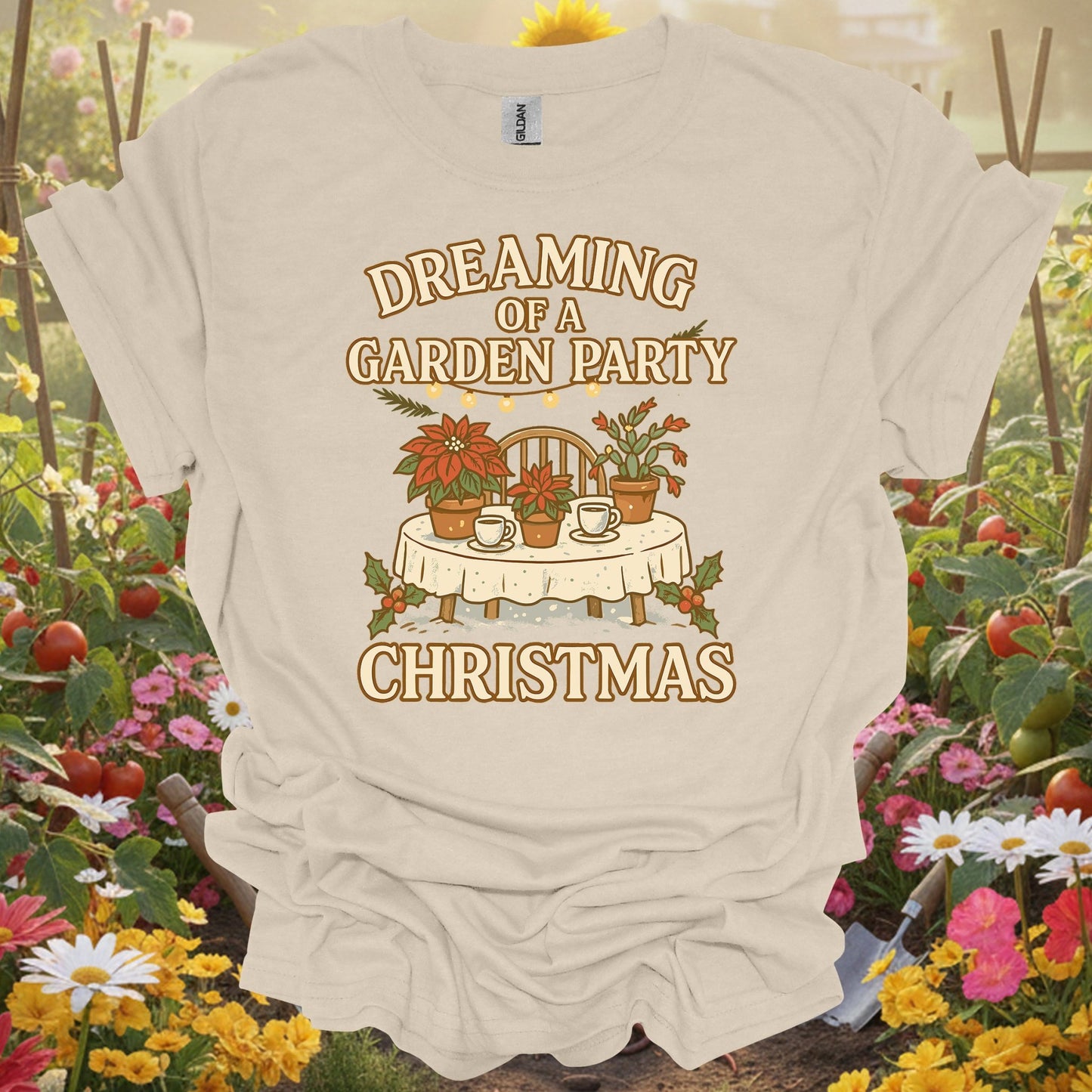 "Dreaming of a Garden Party Christmas" Festive Gardener Holiday T-Shirt - GardeningTshirts