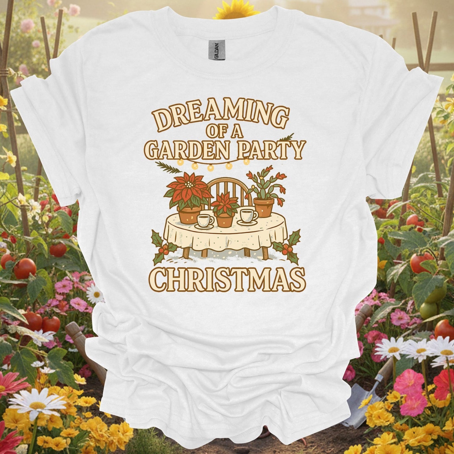 "Dreaming of a Garden Party Christmas" Festive Gardener Holiday T-Shirt - GardeningTshirts