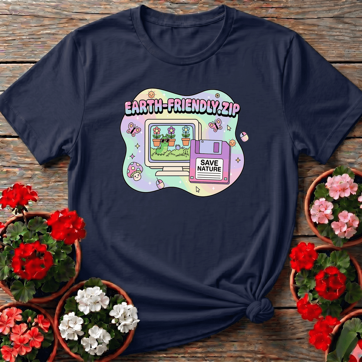 Navy playful nostalgic gardening tee with "Earth-Friendly.zip" computer graphic and pastel garden scene for eco-conscious