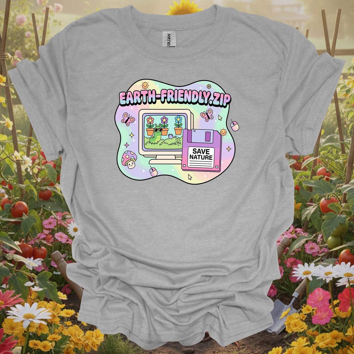 Sport Grey tshirt showing earth friendly.zip y2k kidcore computer for backyard growers