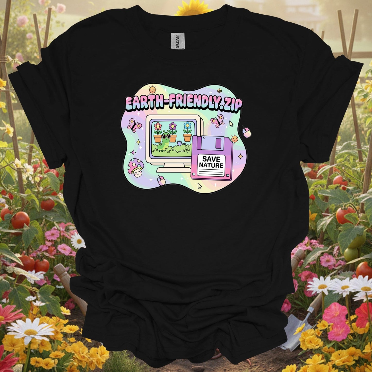 Black shirt showing earth friendly.zip y2k kidcore computer for outdoor enthusiasts