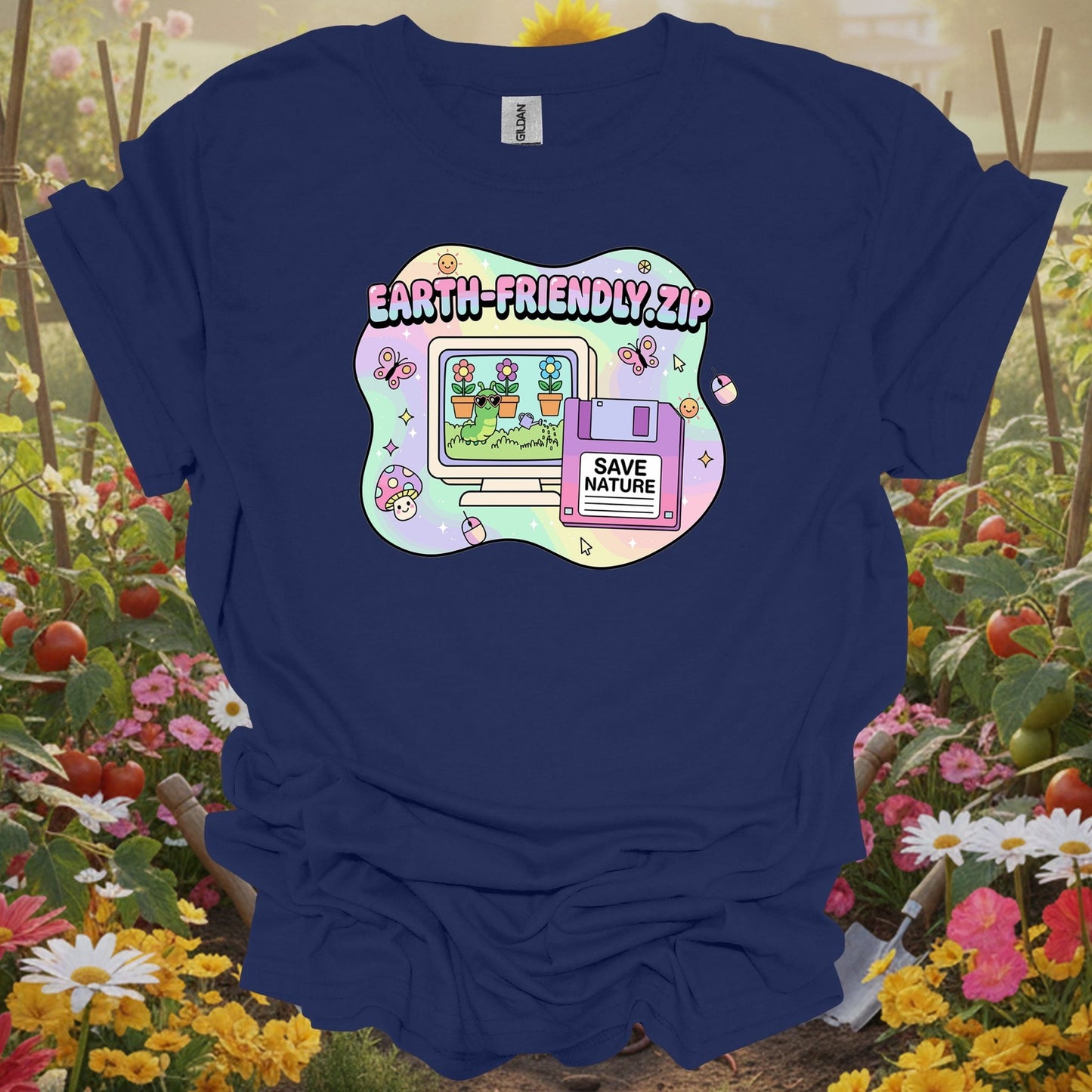 Navy top showing earth friendly.zip y2k kidcore computer for green thumb folks
