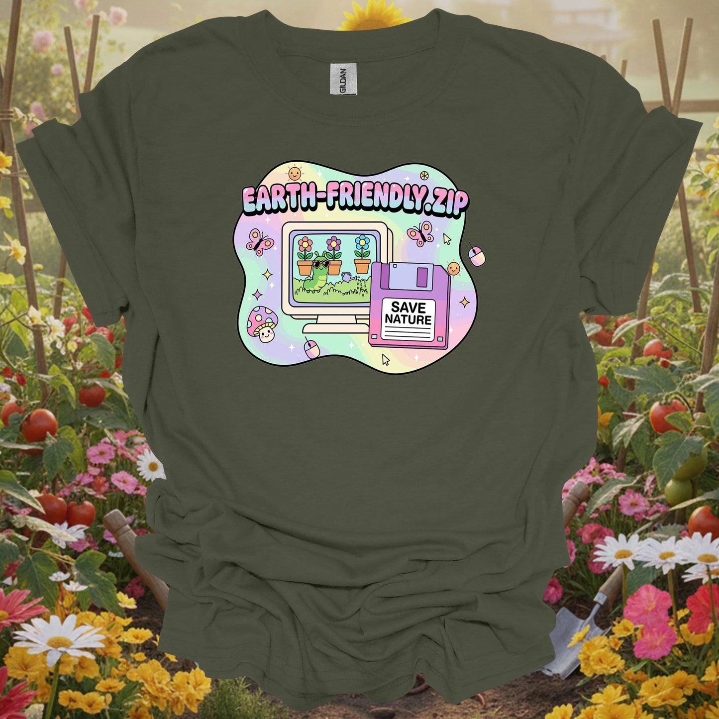 Military Green top showing earth friendly.zip y2k kidcore computer for nature lovers