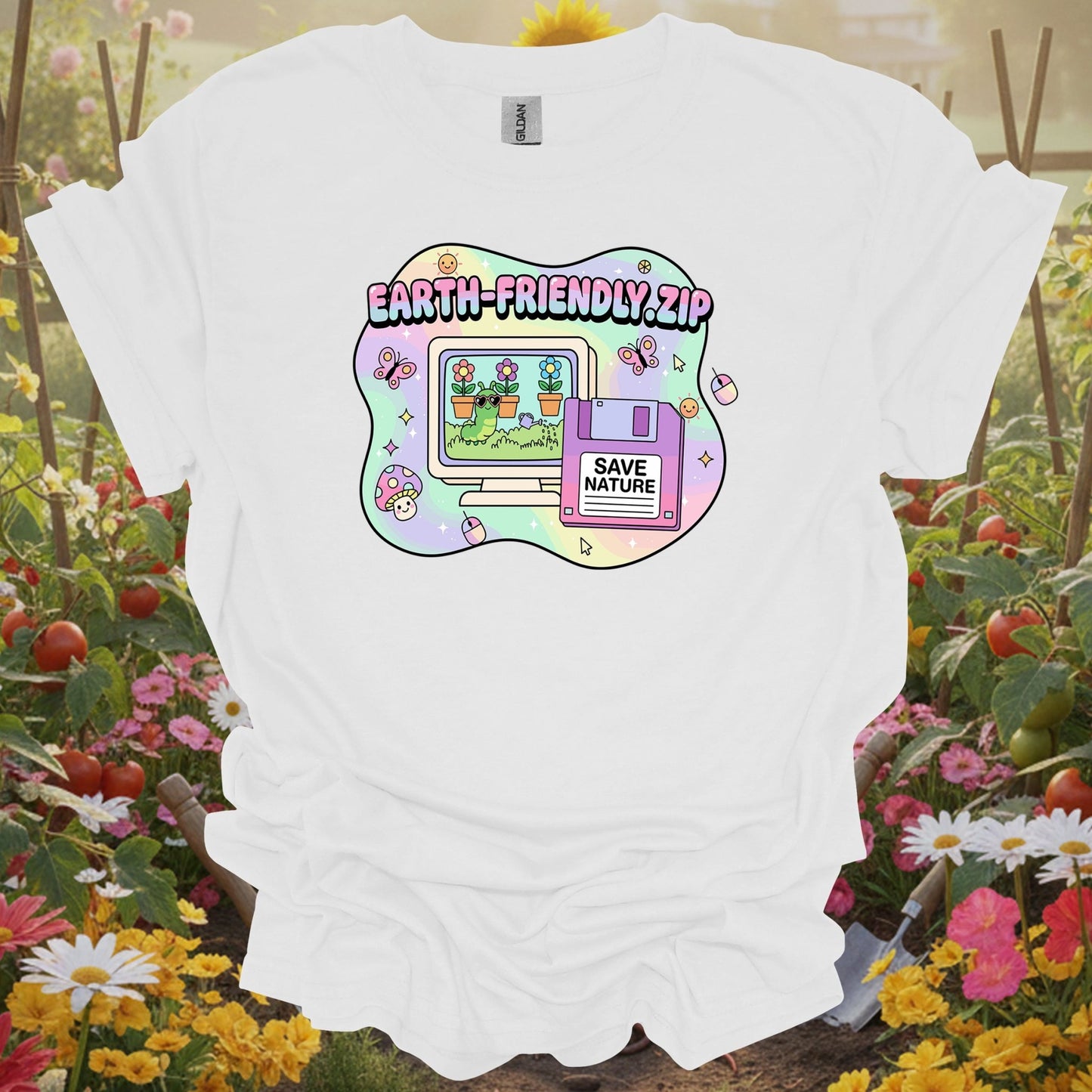 White tee showing earth friendly.zip y2k kidcore computer for garden hobbyists