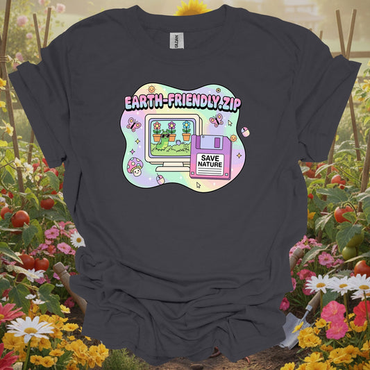 Charcoal tee showing earth friendly.zip y2k kidcore computer for plant lovers