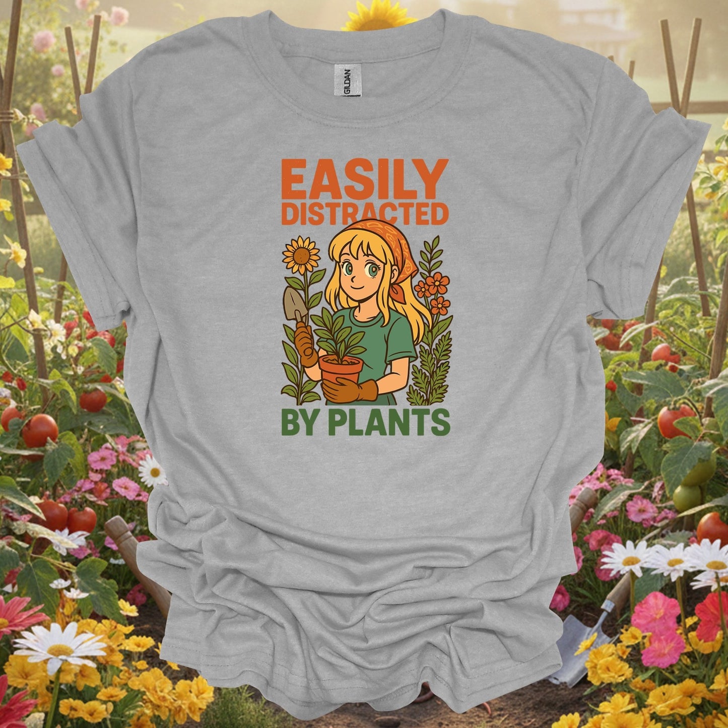 Sport Grey tshirt showing easily distracted by plants anime gardener for backyard growers