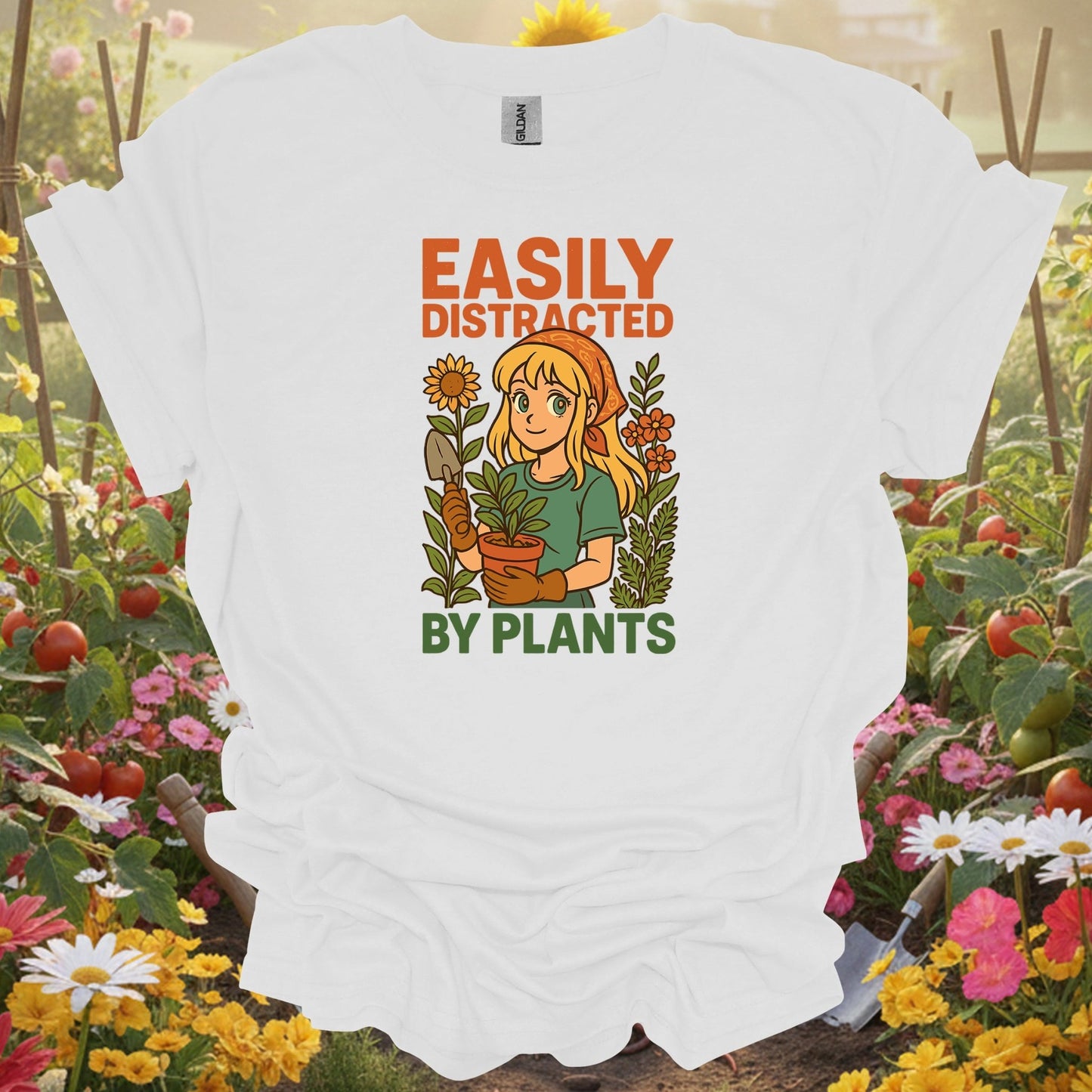 White tee showing easily distracted by plants anime gardener for garden hobbyists