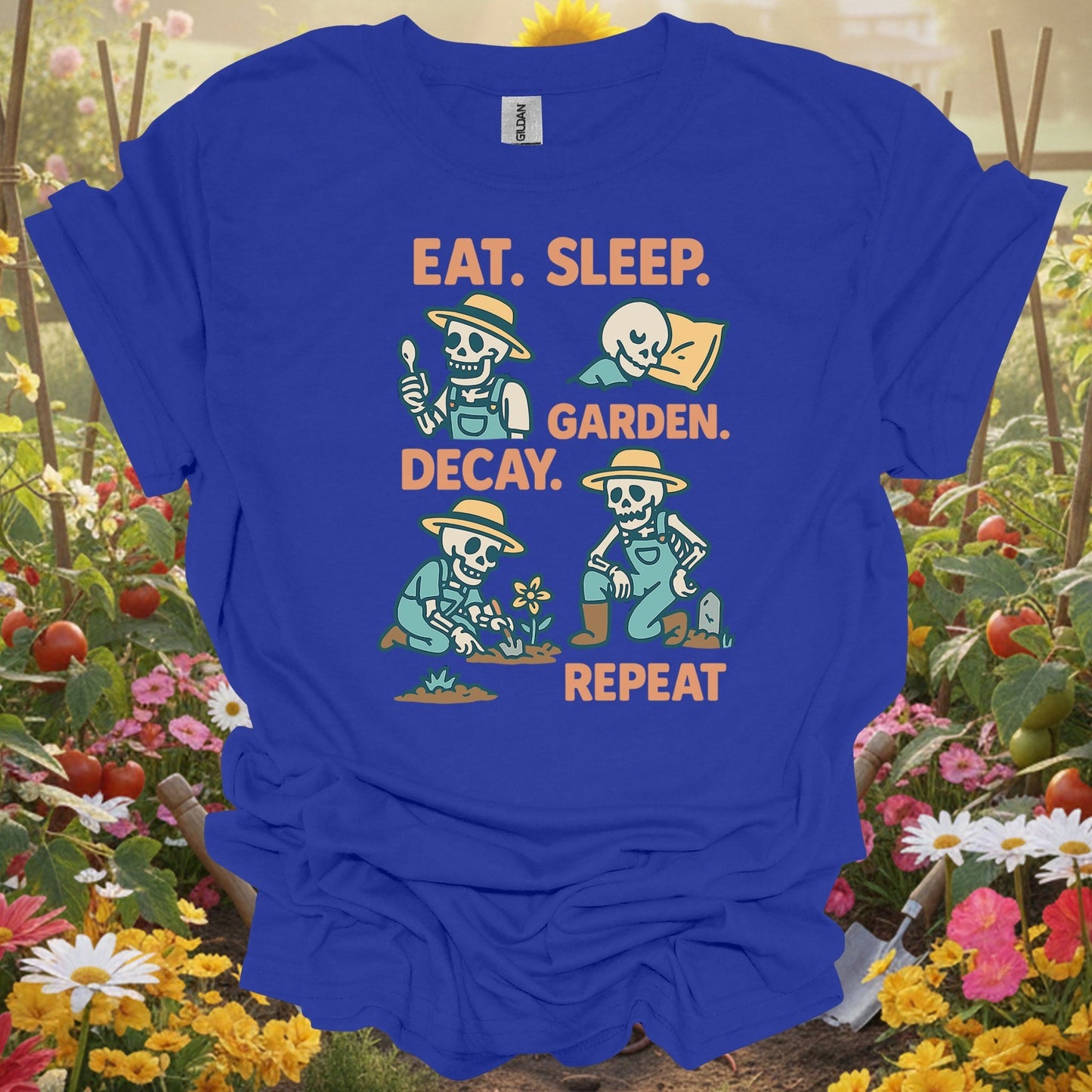 "Eat Sleep Decay Garden Repeat" Skeleton Tee - GardeningTshirts