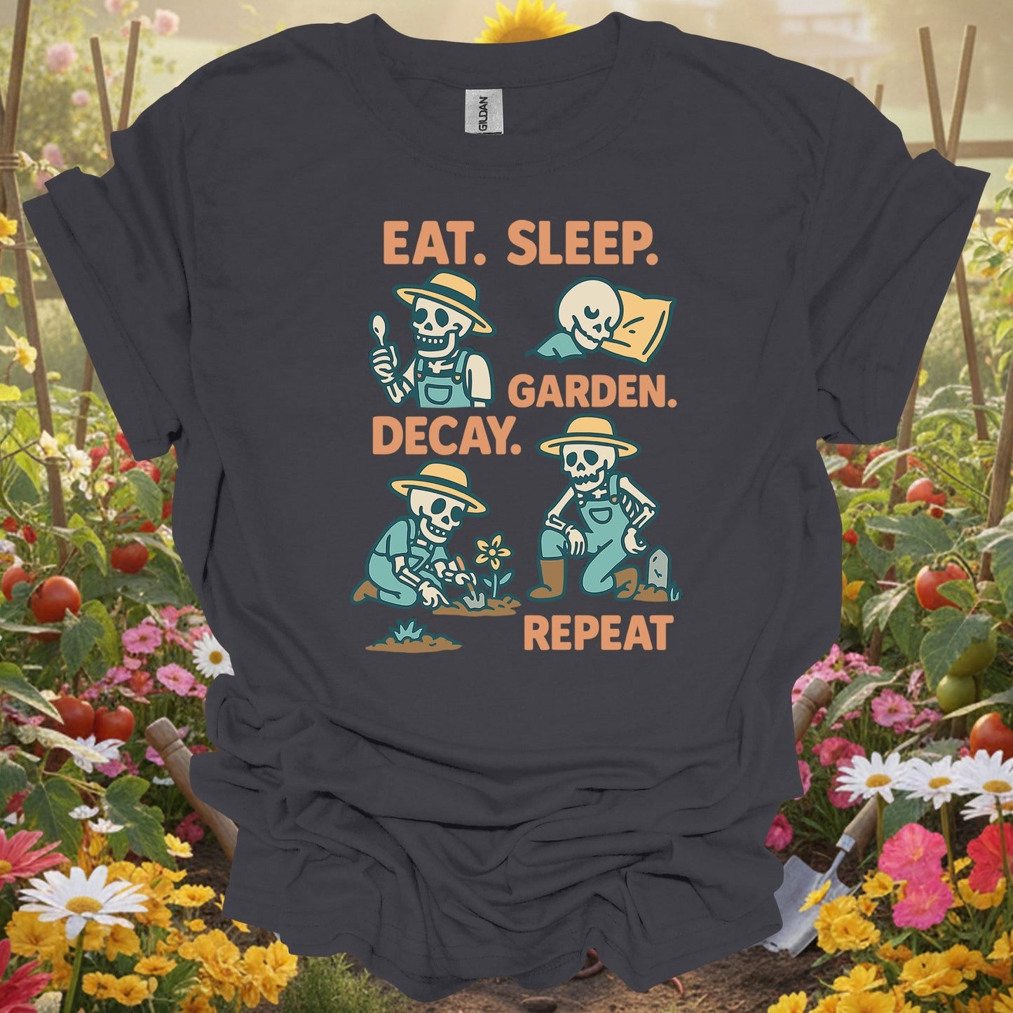 "Eat Sleep Decay Garden Repeat" Skeleton Tee - GardeningTshirts