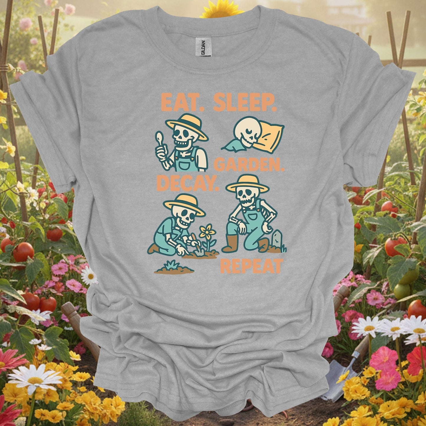 "Eat Sleep Decay Garden Repeat" Skeleton Tee - GardeningTshirts