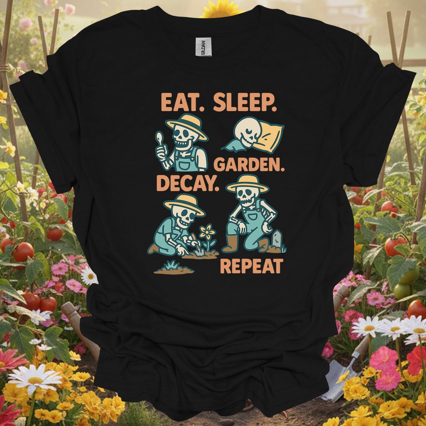 "Eat Sleep Decay Garden Repeat" Skeleton Tee - GardeningTshirts