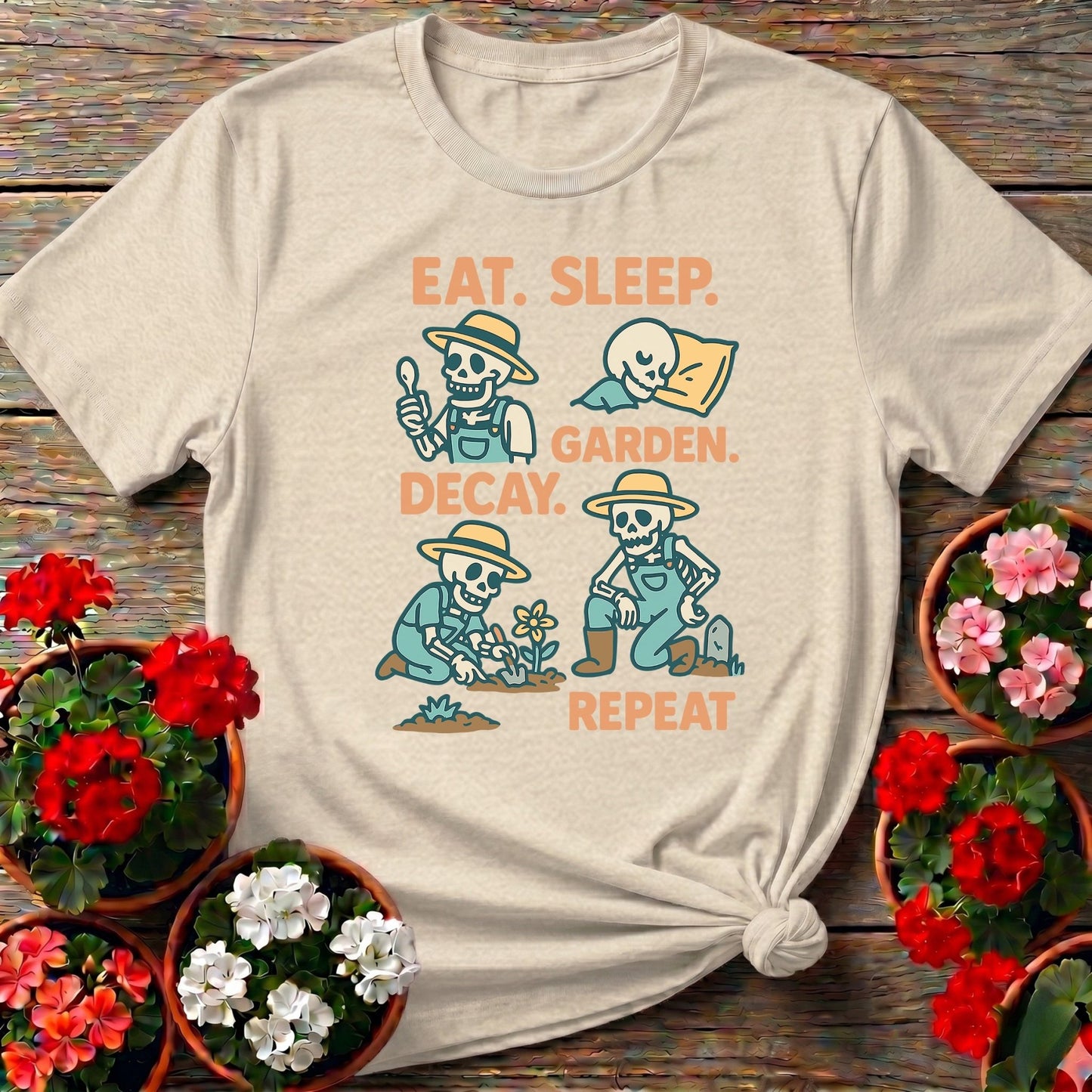 Eat Sleep Decay Garden Repeat Skeleton Tee - GardeningTshirts