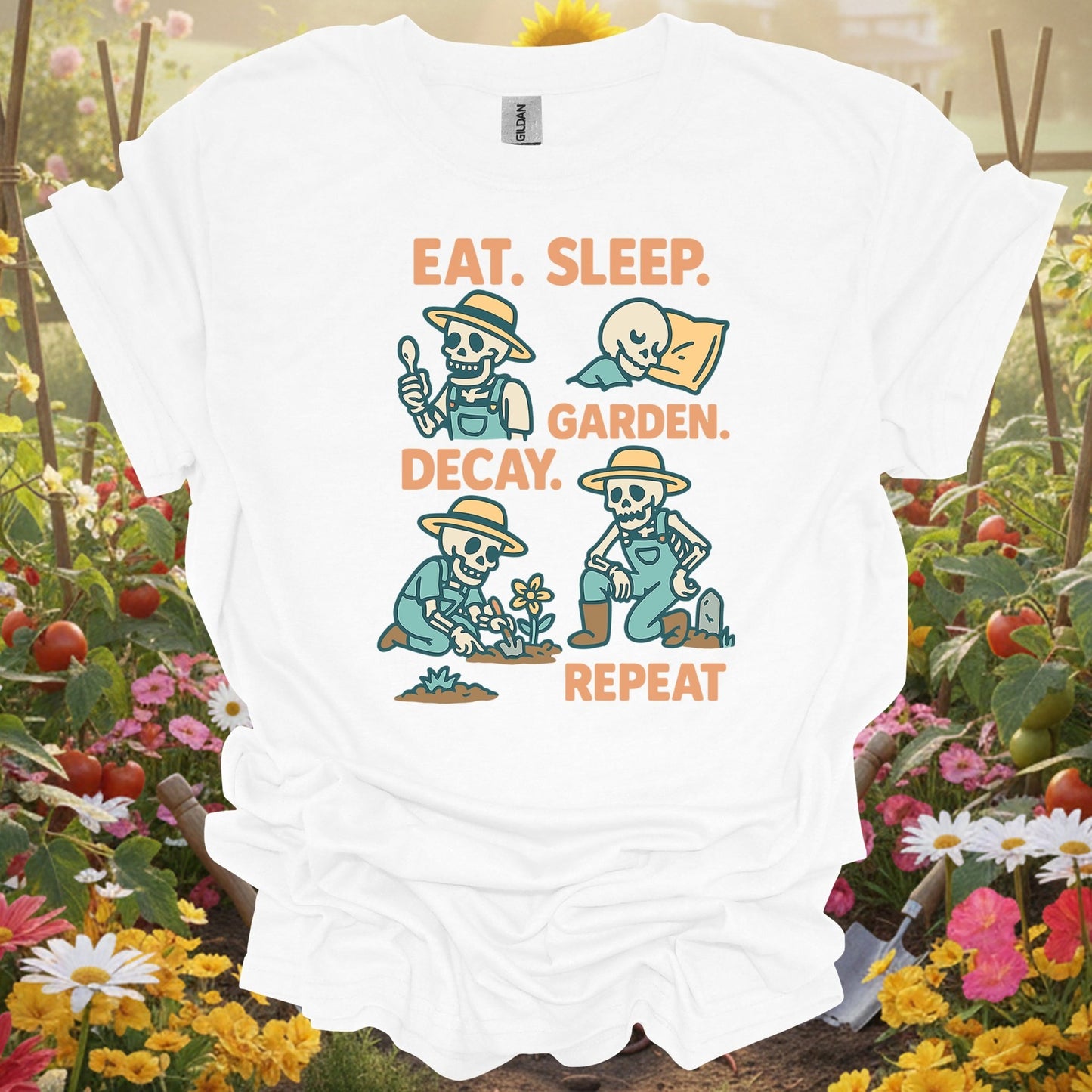 "Eat Sleep Decay Garden Repeat" Skeleton Tee - GardeningTshirts