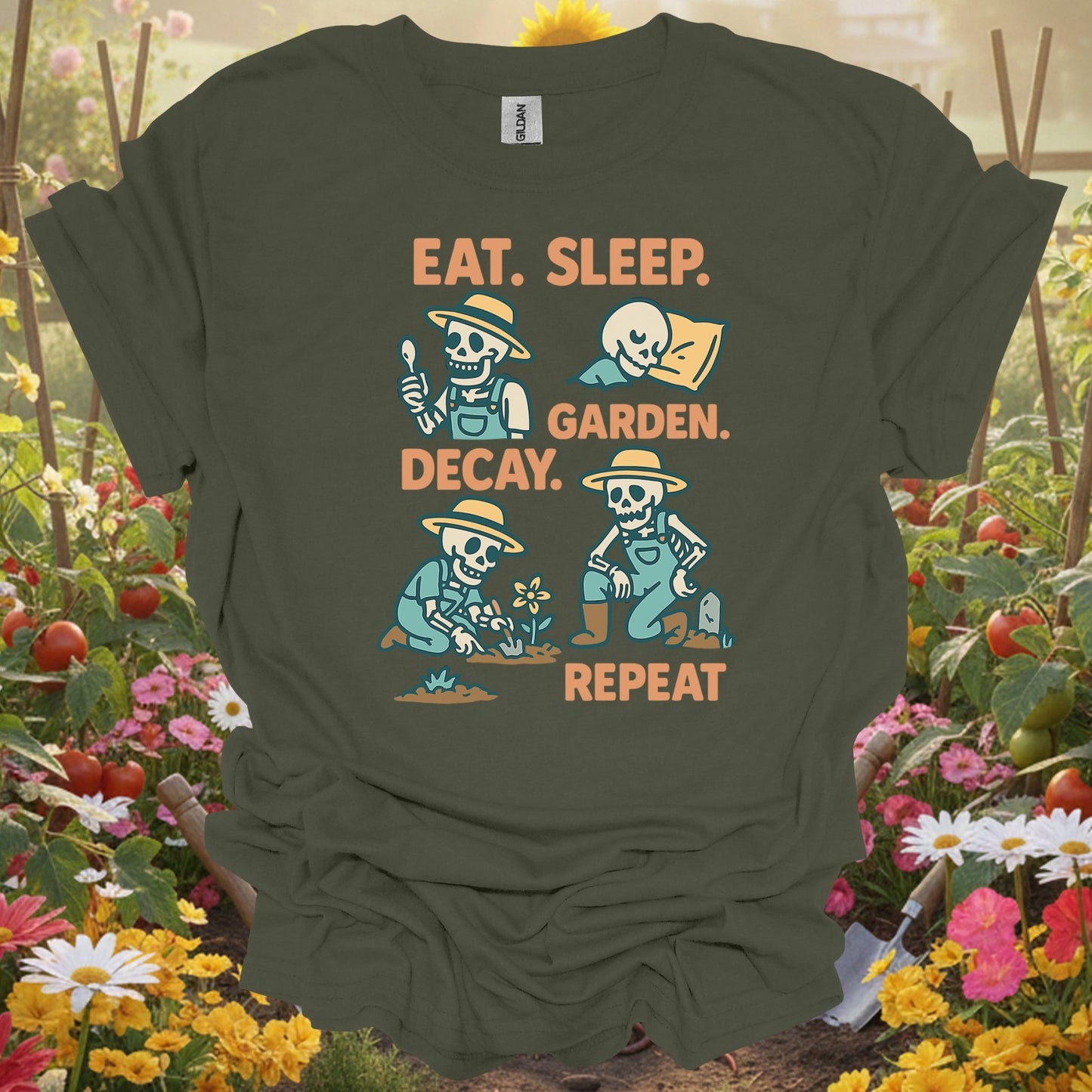 "Eat Sleep Decay Garden Repeat" Skeleton Tee - GardeningTshirts
