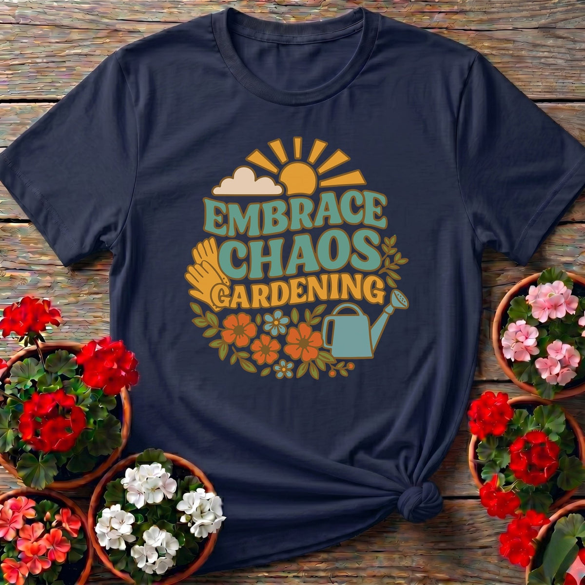 Navy bold retro top with "Embrace Chaos Gardening" for gardeners who let things get a little wild